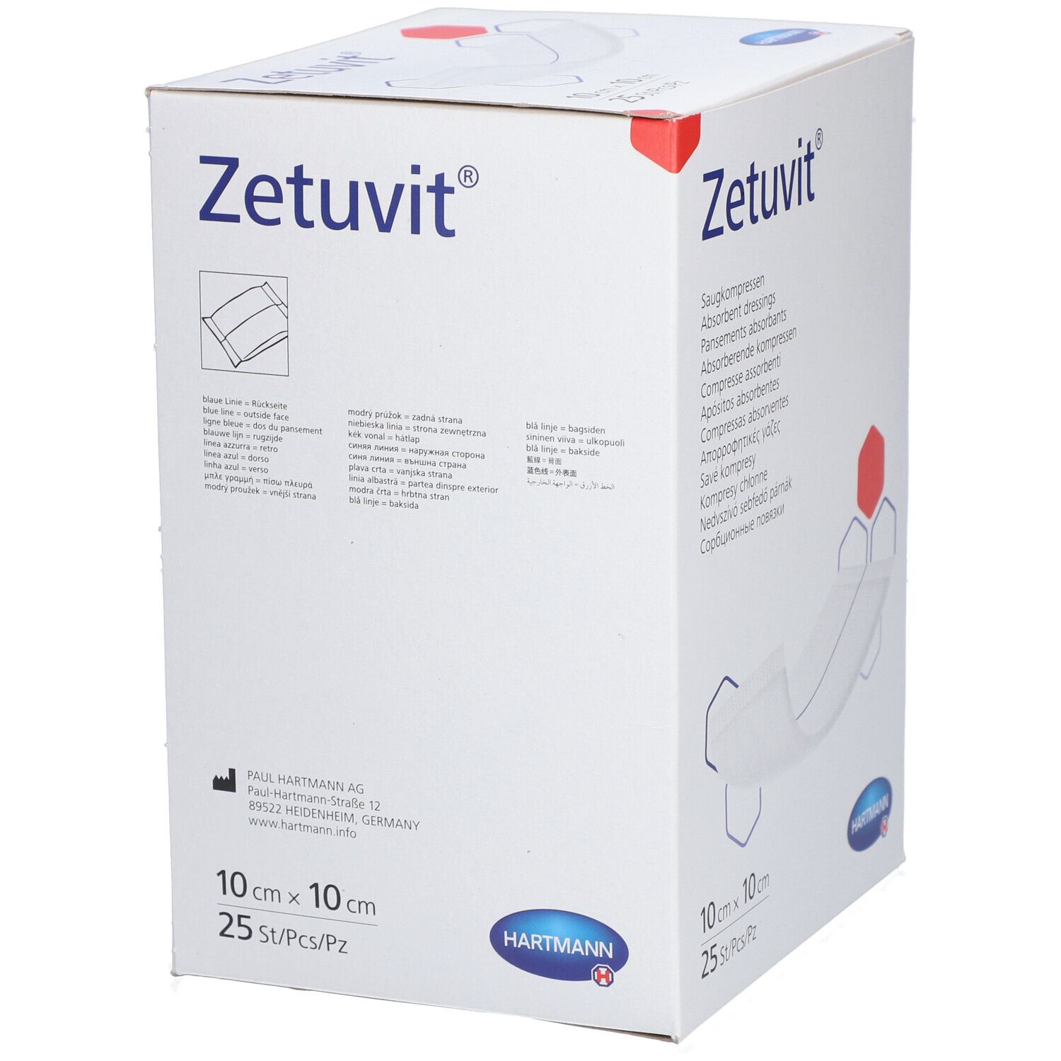 Emballage en carton avec logo "Zetuvit". Contient 25 compresses stériles, 10 x 10 cm. Logo Hartmann et adresse.