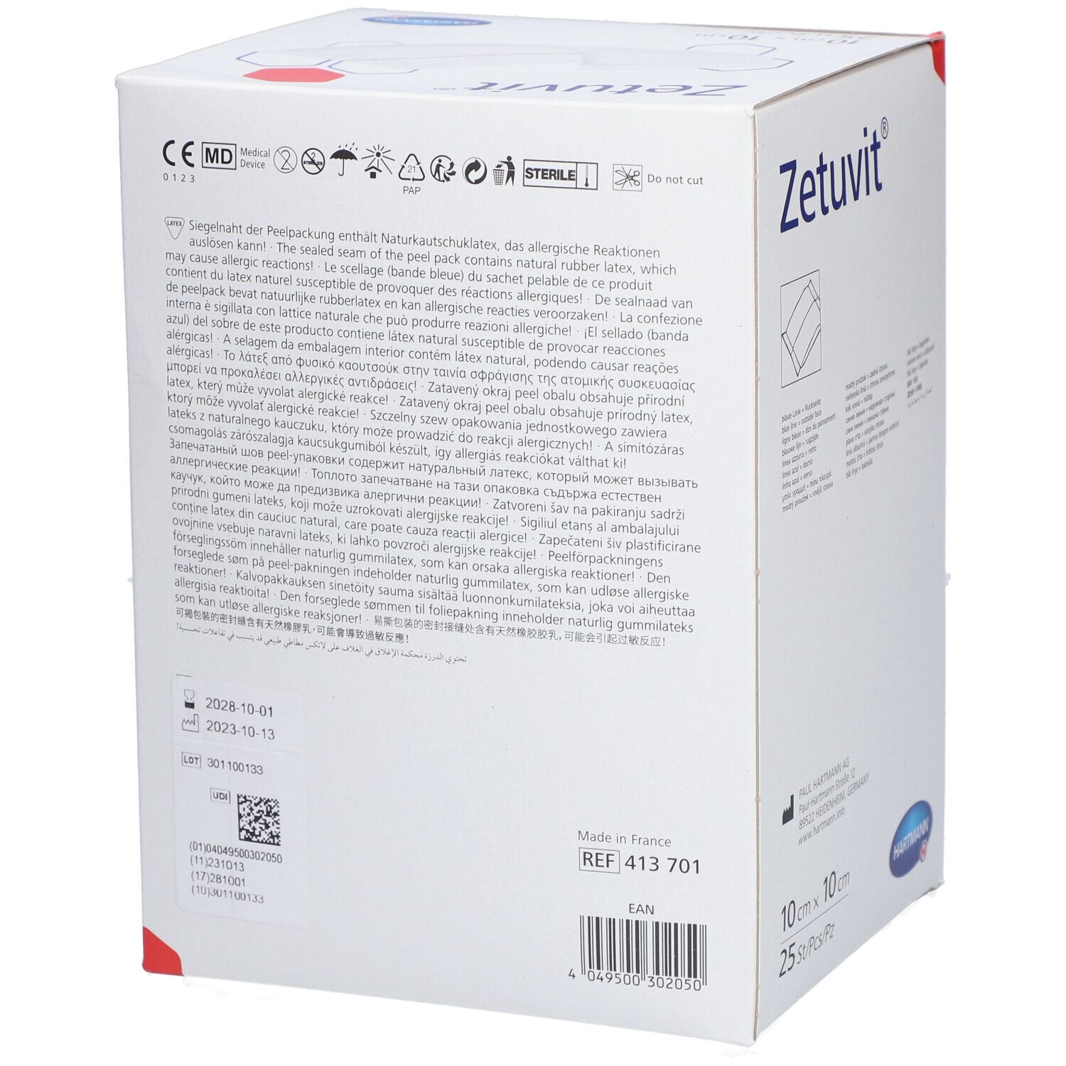 Dos de l'emballage "Zetuvit". Contient avertissements, numéro de lot, date de fabrication et symbole de stérilité.