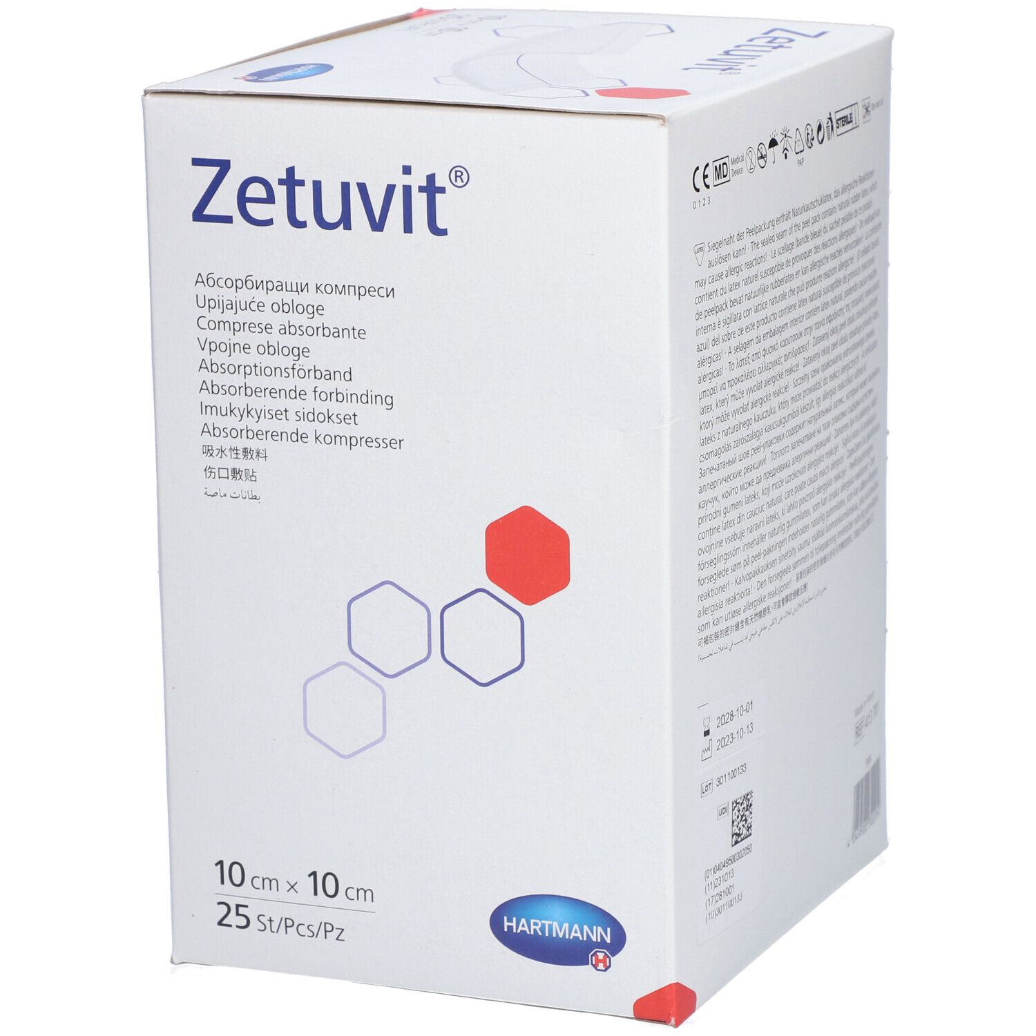 Boîte en carton avec logo "Zetuvit". Contient 25 compresses stériles, 10 x 10 cm. Logo Hartmann.