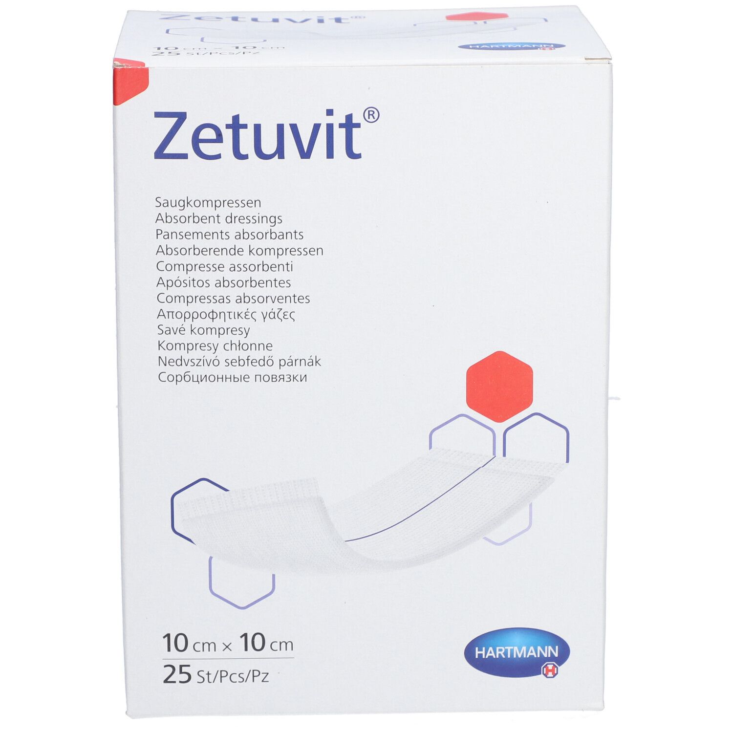 Boîte en carton blanche avec logo "Zetuvit". Contient 25 compresses stériles, 10 x 10 cm. Logo Hartmann.