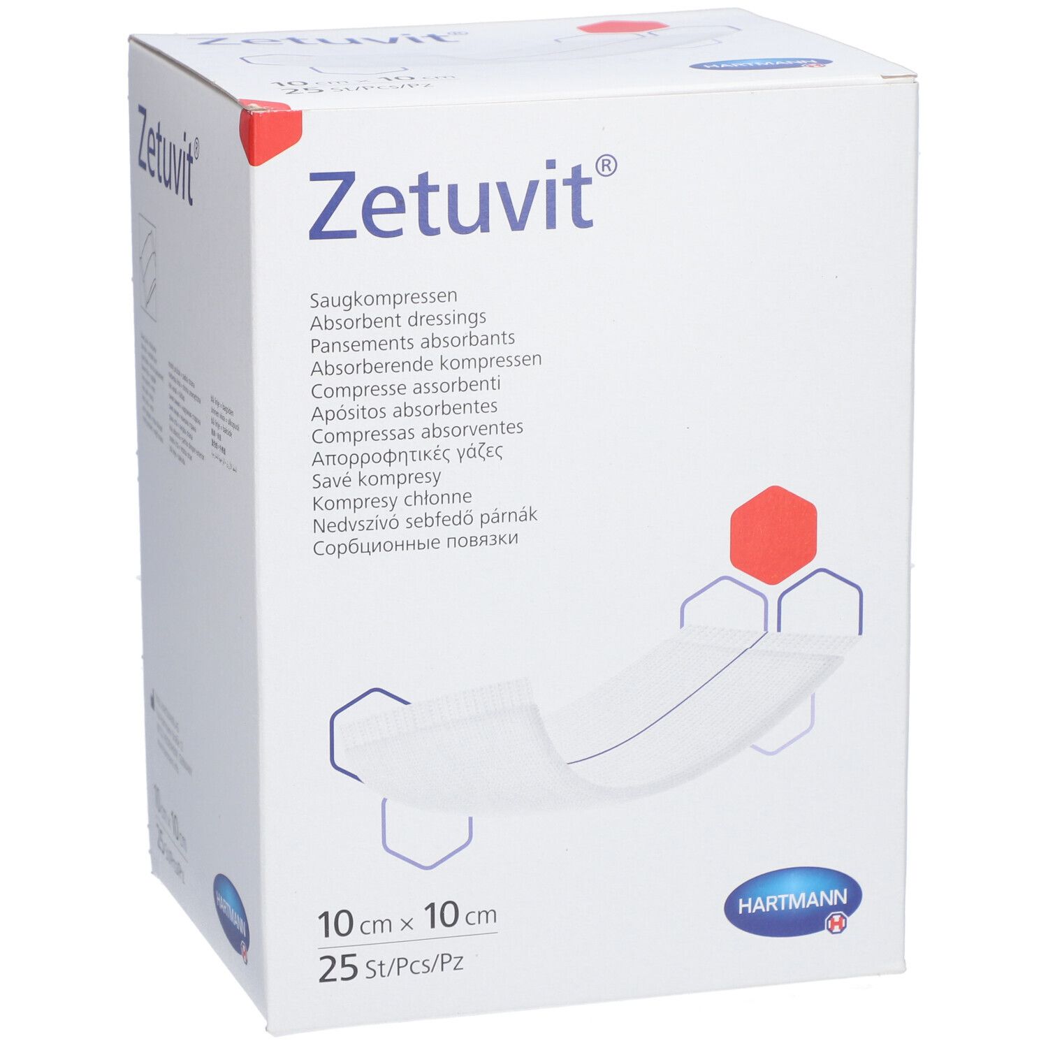 Boîte en carton avec logo "Zetuvit". Contient 25 compresses stériles, 10 x 10 cm. Logo Hartmann.
