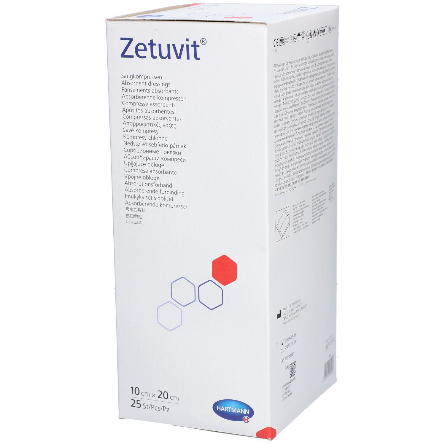 Boîte blanche Zetuvit. Compresses absorbantes. Dimensions 10x20 cm. Marque HARTMANN. 25 pièces par boîte.