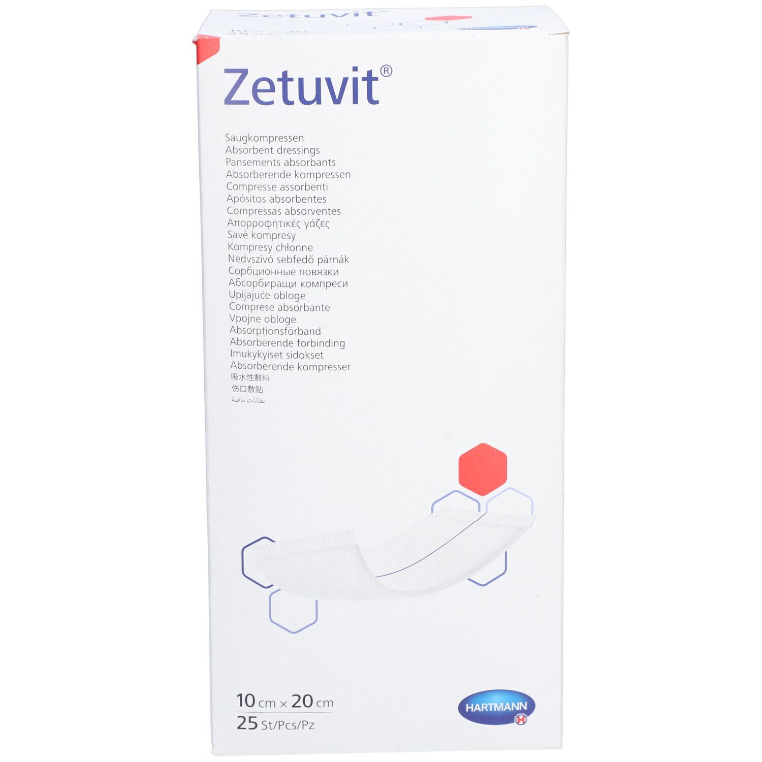 Boîte blanche Zetuvit. Compresses absorbantes. Dimensions 10x20 cm. Marque HARTMANN. 25 pièces par boîte.