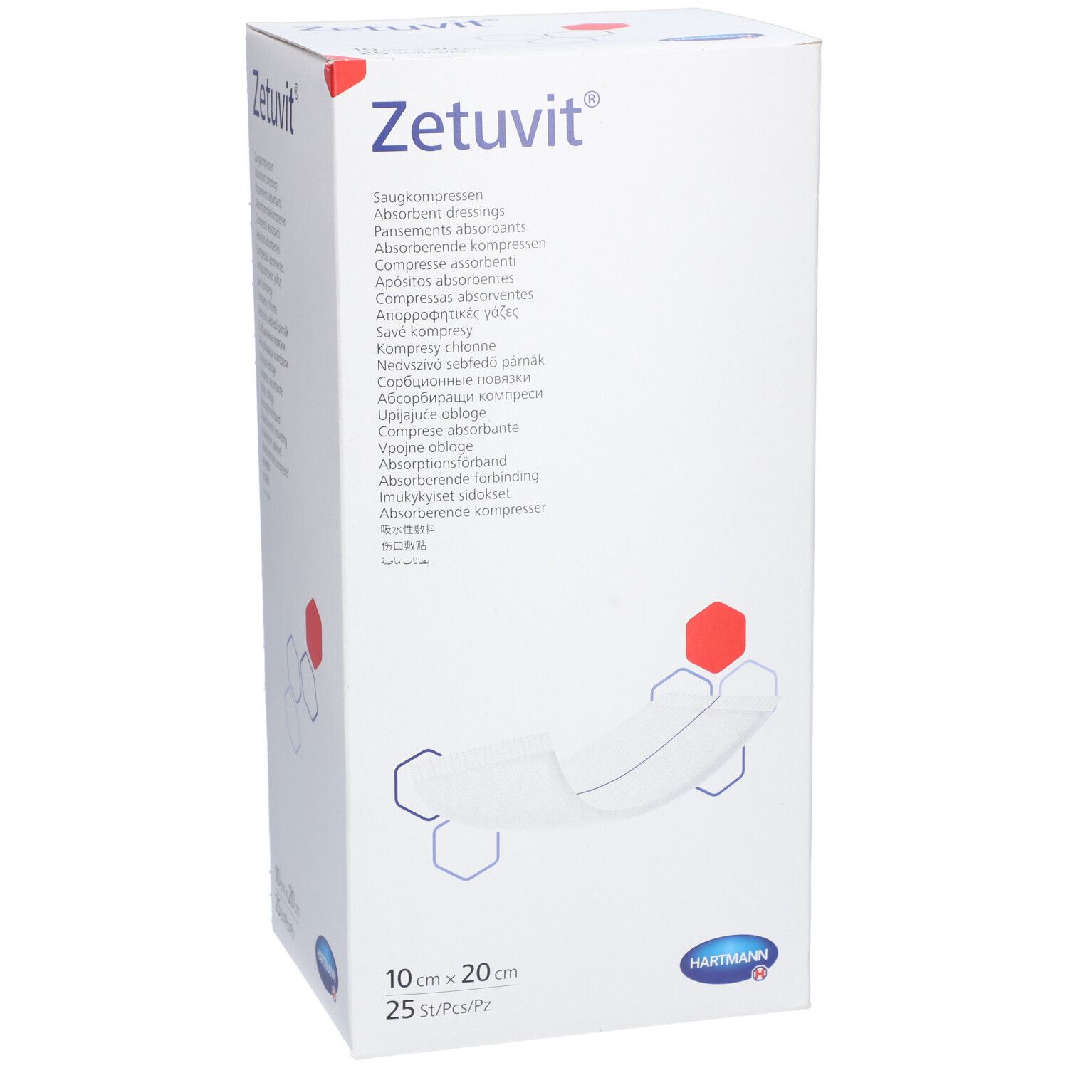 Boîte blanche Zetuvit. Compresses absorbantes. Dimensions 10x20 cm. Marque HARTMANN. 25 pièces par boîte.