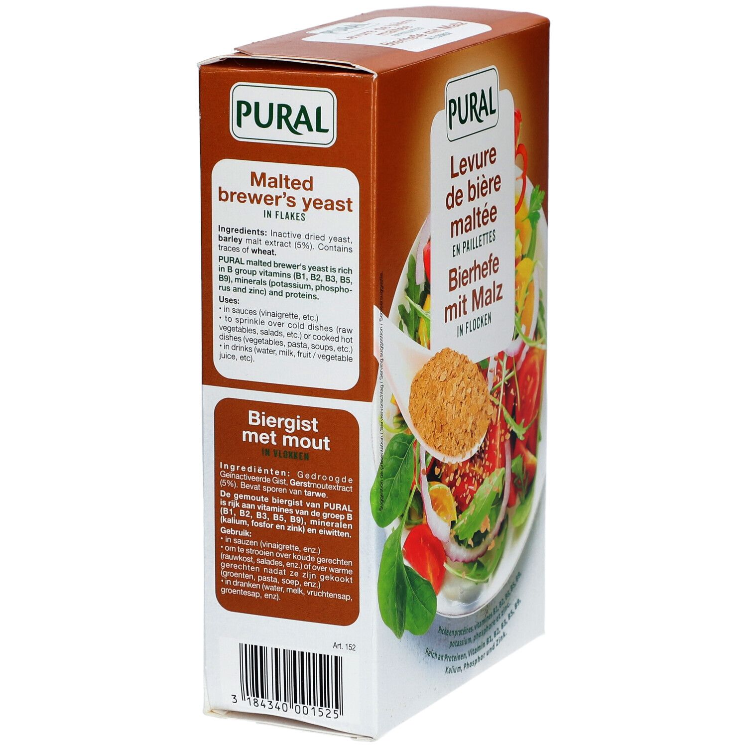 Boîte en carton marron avec informations produit en plusieurs langues. Marque PURAL. Vue arrière.