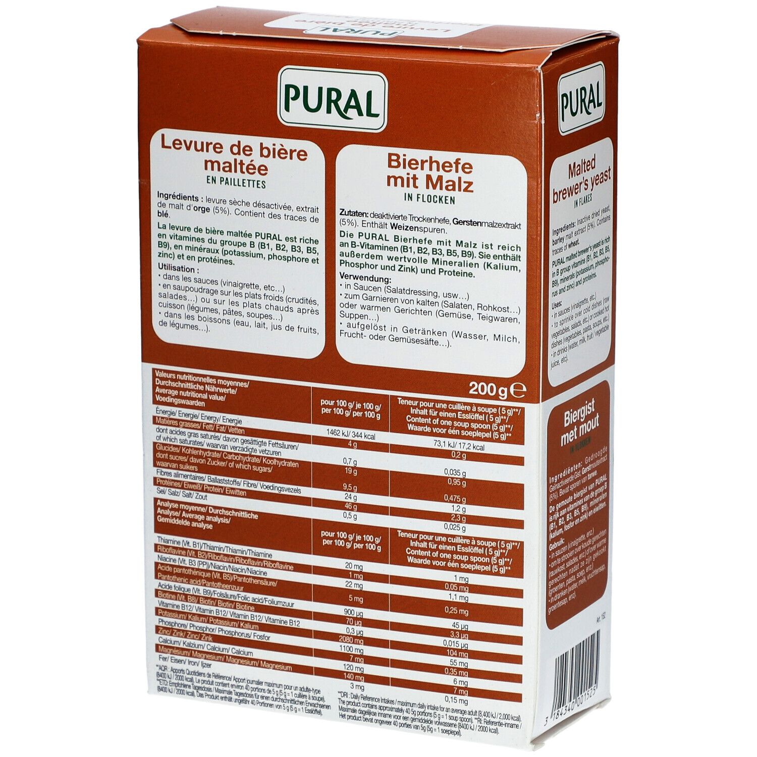 Boîte en carton avec informations nutritionnelles et informations produit en plusieurs langues. Marque PURAL.