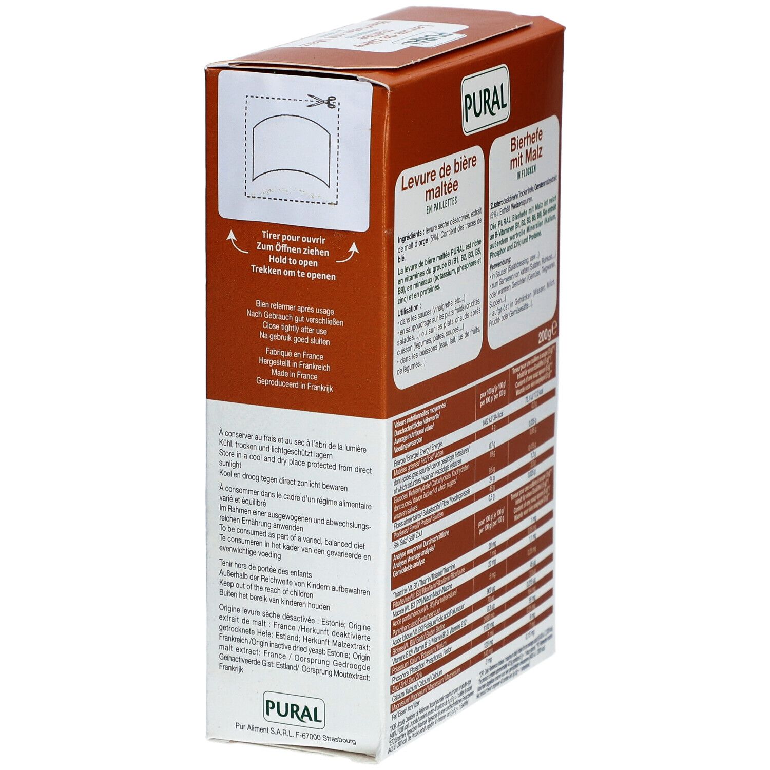 Boîte en carton avec instructions d'ouverture et informations produit. Marque PURAL.