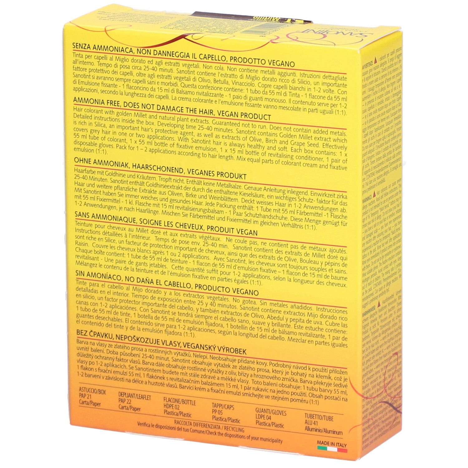 Gelbe Schachtel mit Text. Enthält Produktinformationen in verschiedenen Sprachen. Eckige Form, Ansicht von hinten.