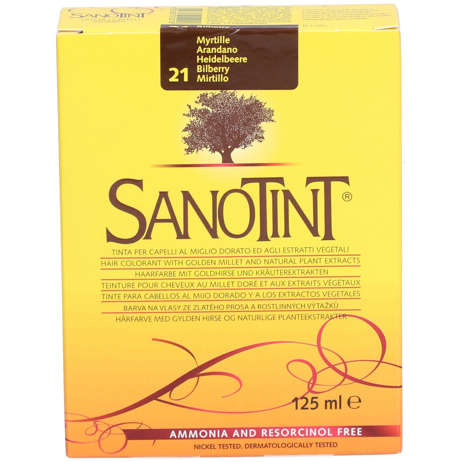 Gelbe Schachtel mit SANOTINT-Logo, Produktname und Inhaltsangaben. Enthält 125 ml. Frei von Ammoniak und Resorcin.