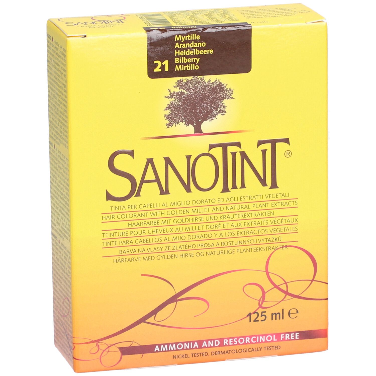 Gelbe Schachtel mit SANOTINT-Logo, Produktname und Inhaltsangaben. Enthält 125 ml. Frei von Ammoniak und Resorcin.
