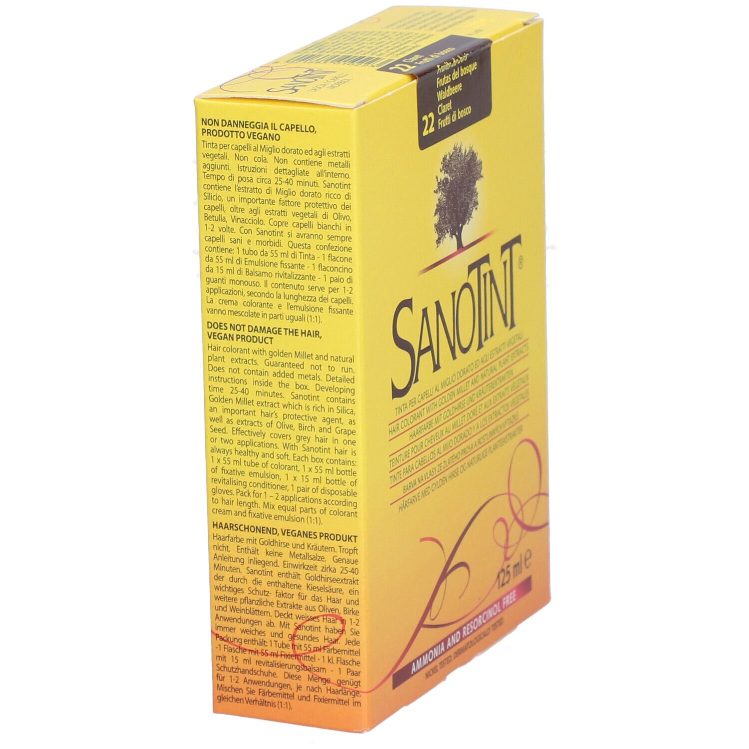Gelbe Schachtel mit SANOTINT-Logo und Text. Aufdruck: 22 Waldbeere. Enthält 125 ml. Text in mehreren Sprachen. Vegan.