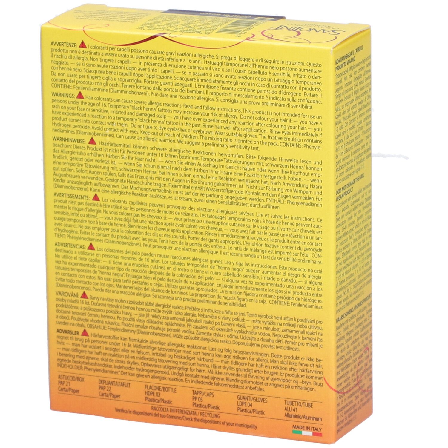 Rückseite der gelben SANOTINT-Schachtel. Text in mehreren Sprachen. Enthält Warnhinweise und Inhaltsstoffe. Hergestellt in Italien.
