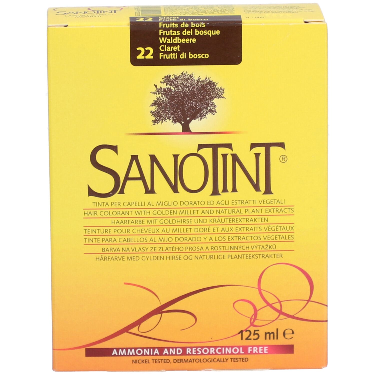 Gelbe Schachtel mit SANOTINT-Logo und Produktbezeichnung. Aufdruck: 22 Waldbeere. Enthält 125 ml. Ohne Ammoniak und Resorcinol.