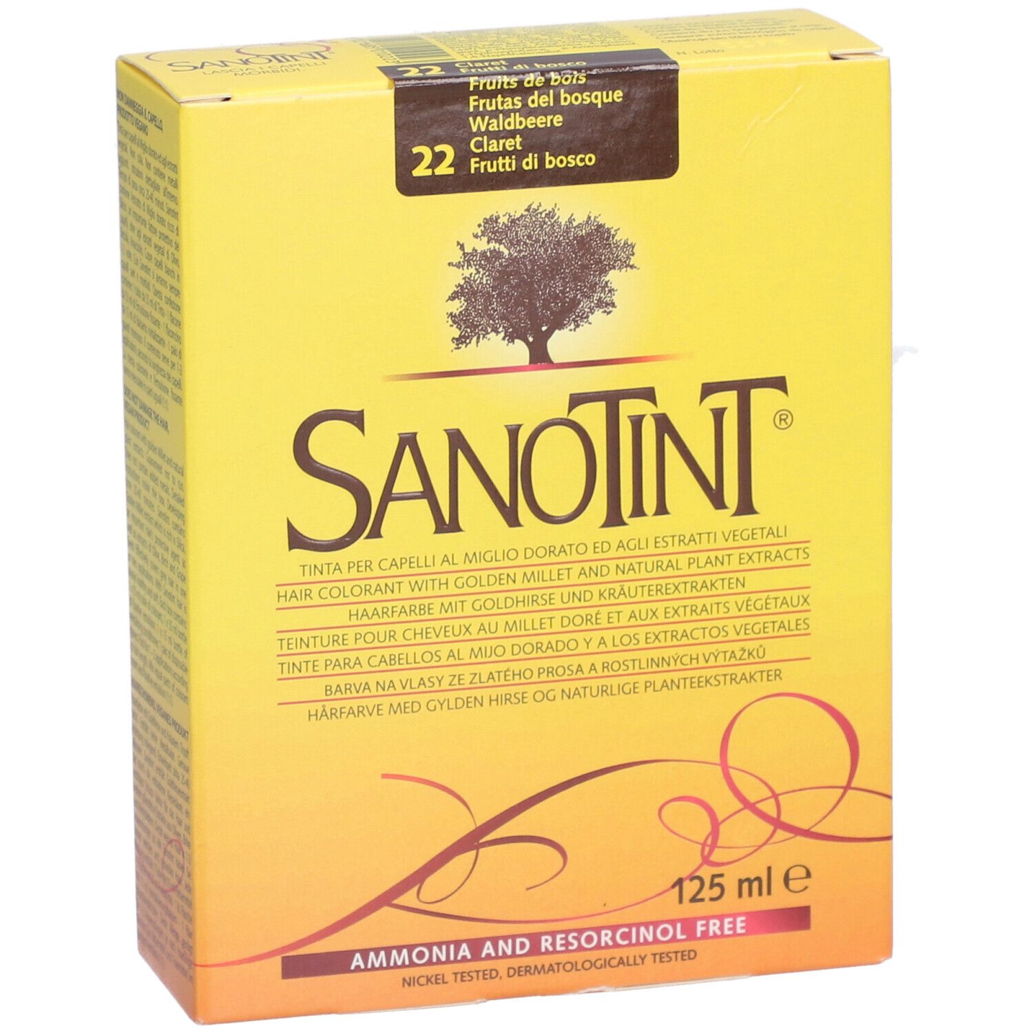 Gelbe Schachtel mit SANOTINT-Logo und Produktbezeichnung. Aufdruck: 22 Waldbeere. Enthält 125 ml. Ohne Ammoniak und Resorcinol.