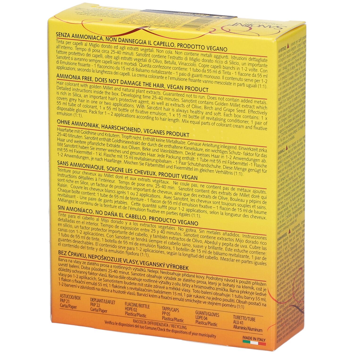 Rückseite der gelben SANOTINT-Schachtel. Text in mehreren Sprachen. Enthält Inhaltsstoffe und Anweisungen. Hergestellt in Italien.