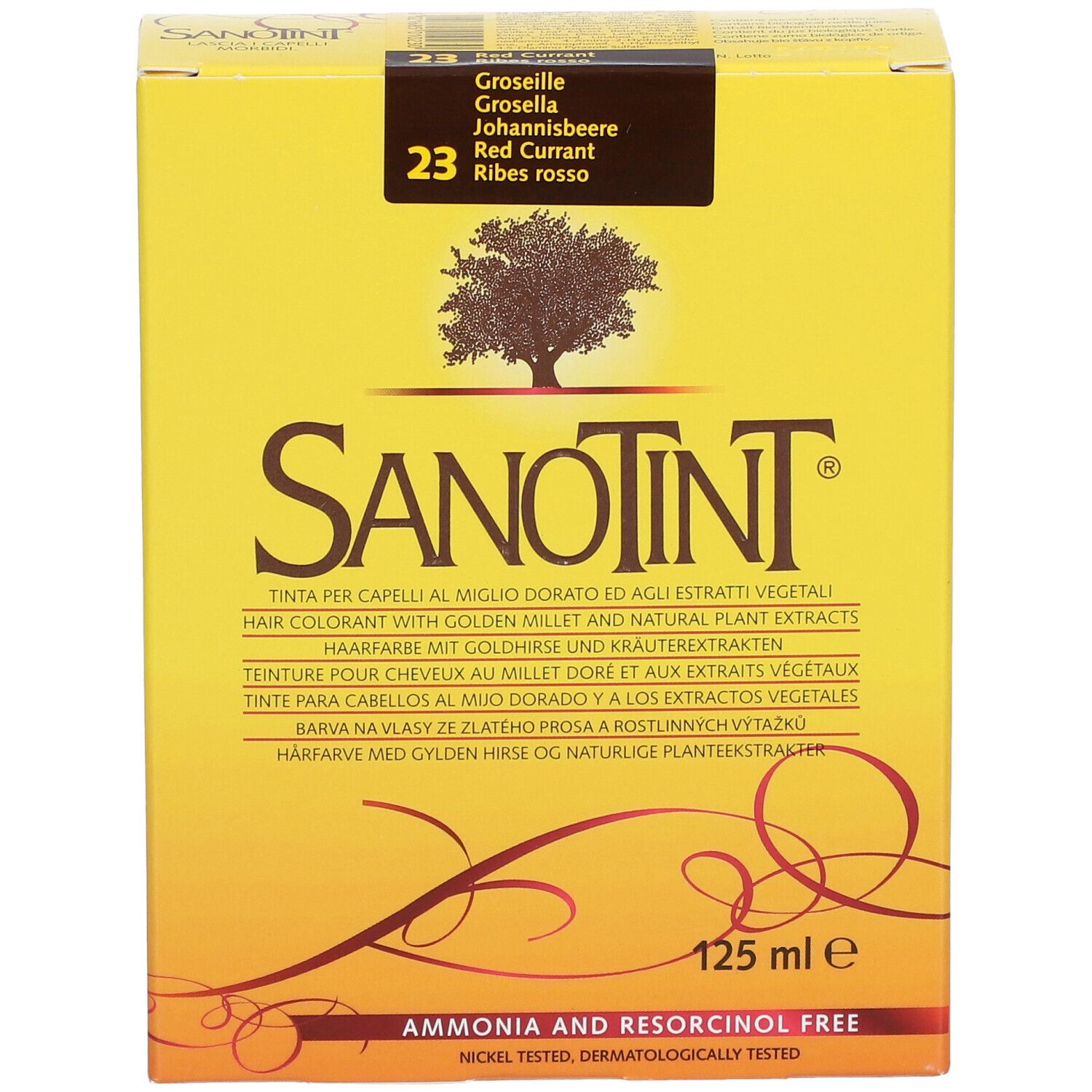 Gelbe Schachtel mit SANOTINT-Logo, Johannisbeere-Farbton 23. Enthält 125 ml. Frei von Ammoniak und Resorcin.