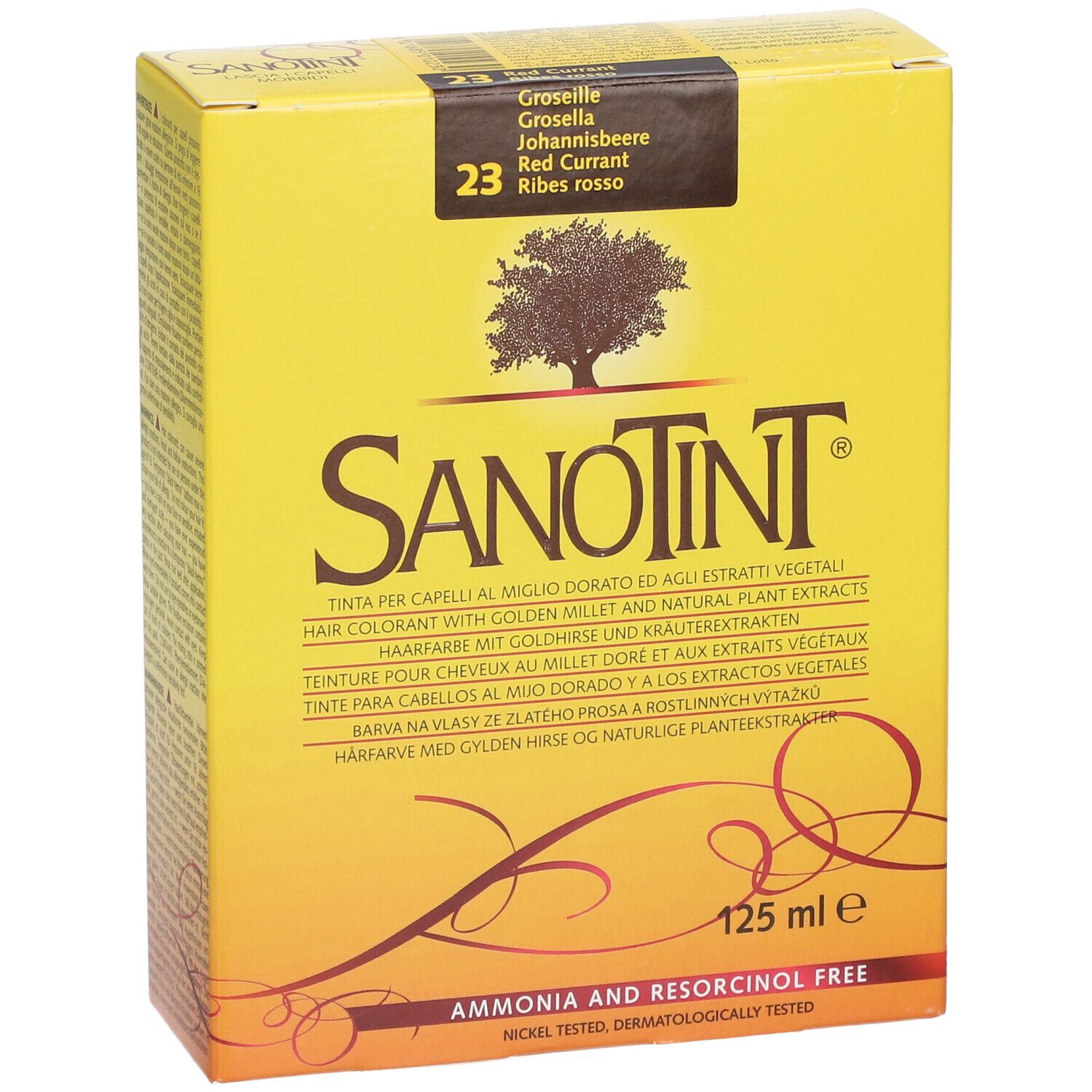 Gelbe Schachtel mit SANOTINT-Logo, Johannisbeere-Farbton 23. Enthält 125 ml. Frei von Ammoniak und Resorcin.