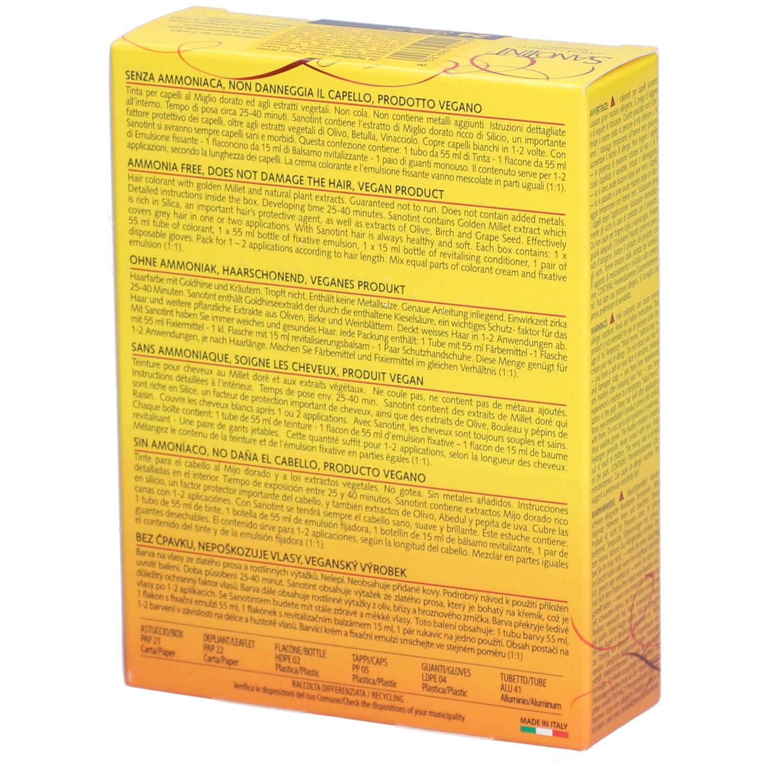 Dos d'une boîte jaune avec texte en plusieurs langues. Contient des informations sur le produit et les ingrédients.
