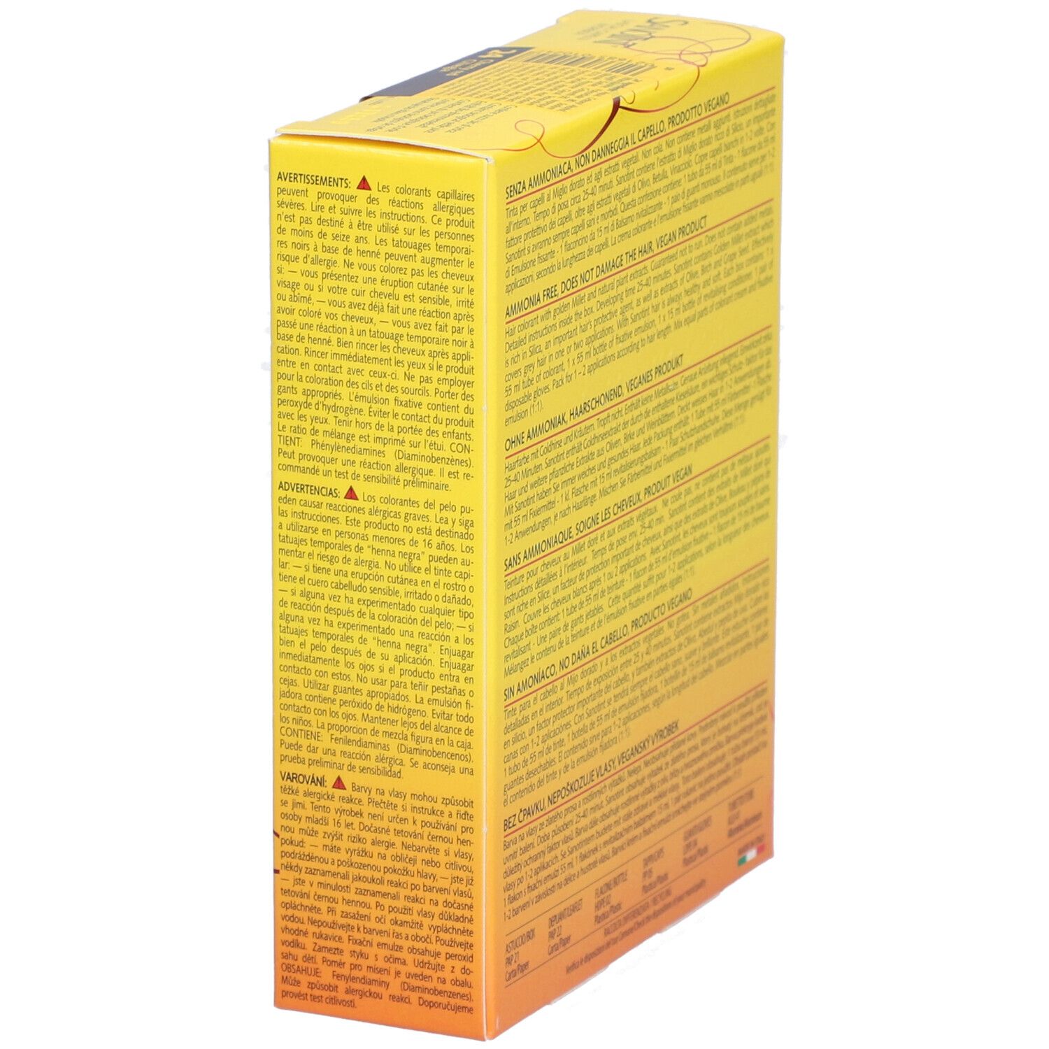 Boîte jaune vue en biais de côté. Texte en plusieurs langues. Contient des informations sur le produit.