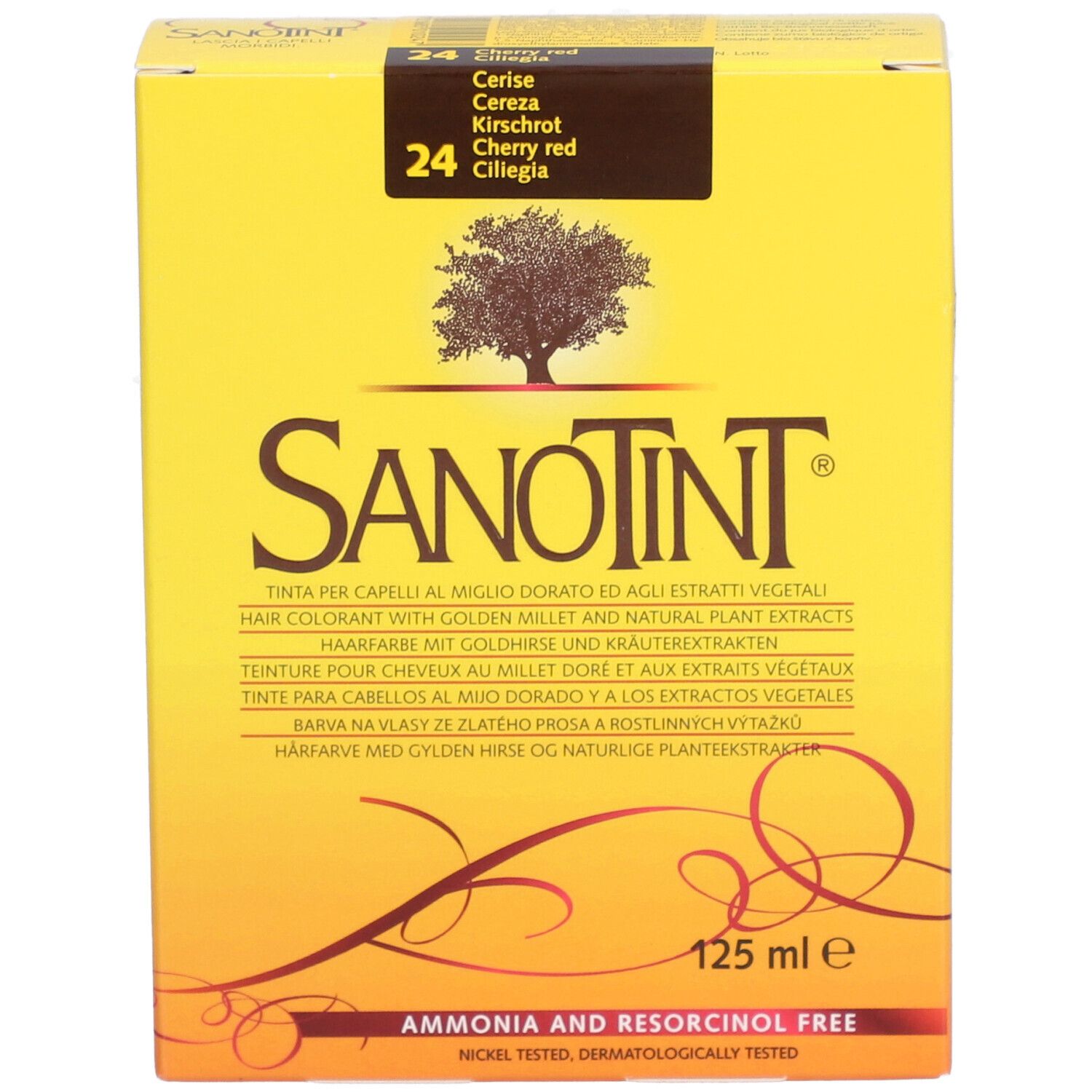Boîte jaune avec nom et désignation du produit. Contient du texte en plusieurs langues. Inscription : Cherry red.
