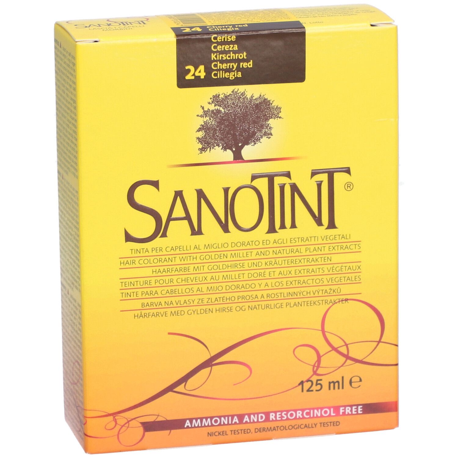 Boîte jaune avec nom et désignation du produit. Contient du texte en plusieurs langues. Inscription : Cherry red.