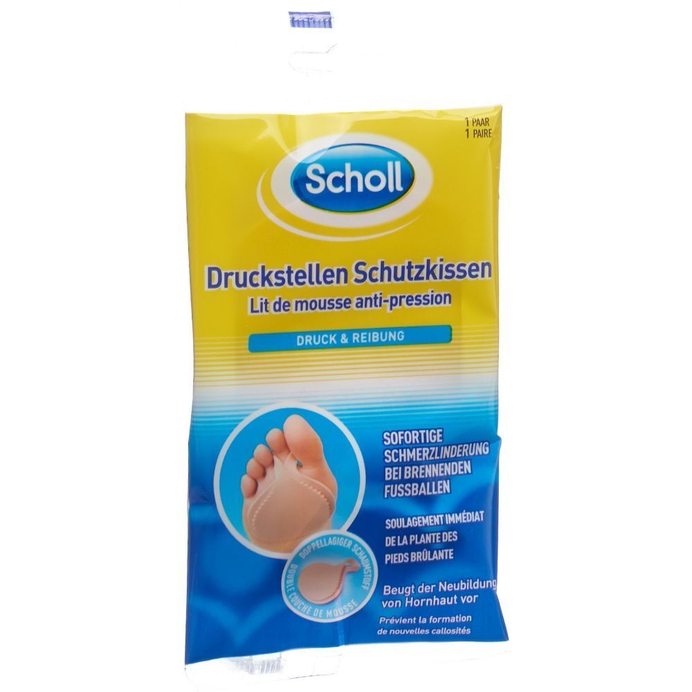 Verpackung mit Scholl Druckstellen Schutz-Kissen. Gelbe Verpackung mit Produktabbildung und Text. Enthält ein Paar Kissen.