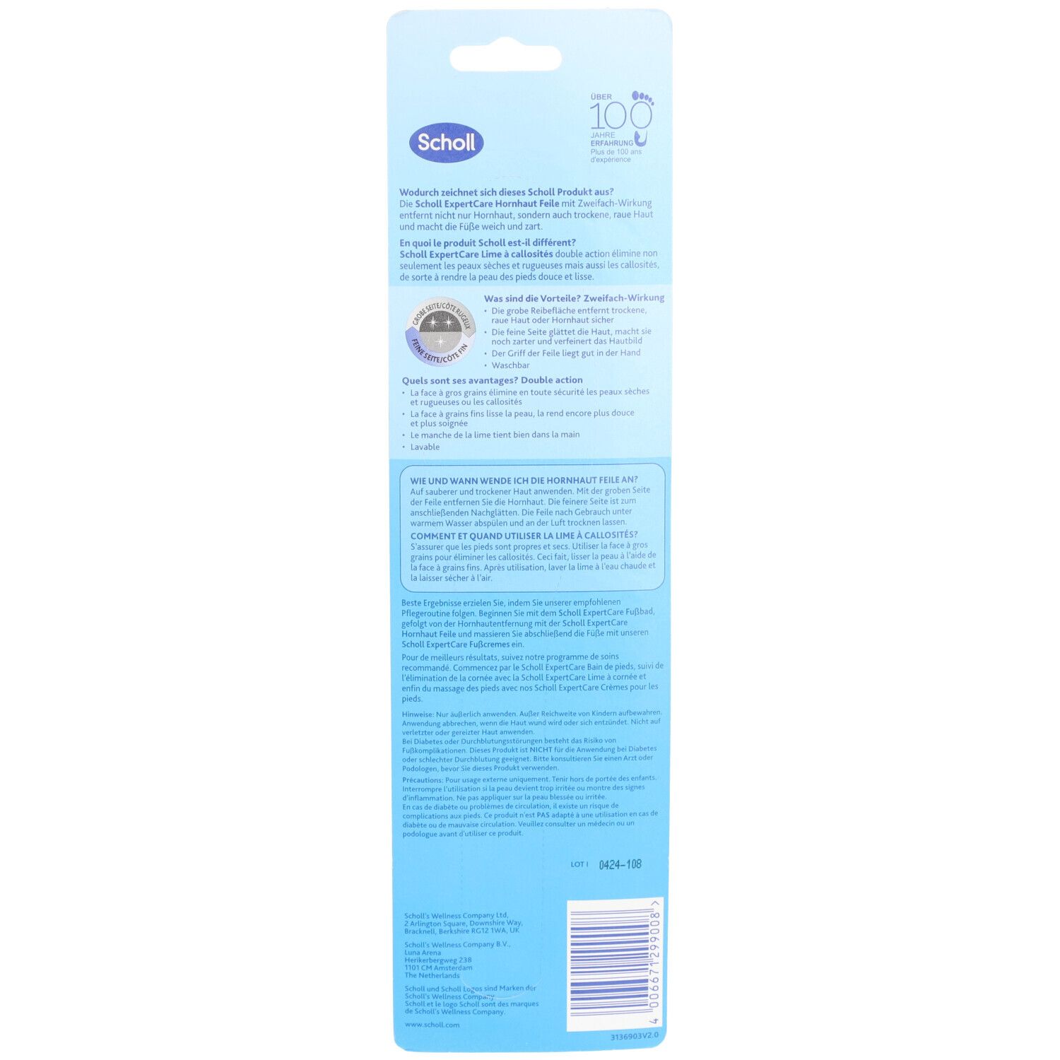 Dos de l'emballage du produit. Texte et logo Scholl. Informations sur l'utilisation et la certification.