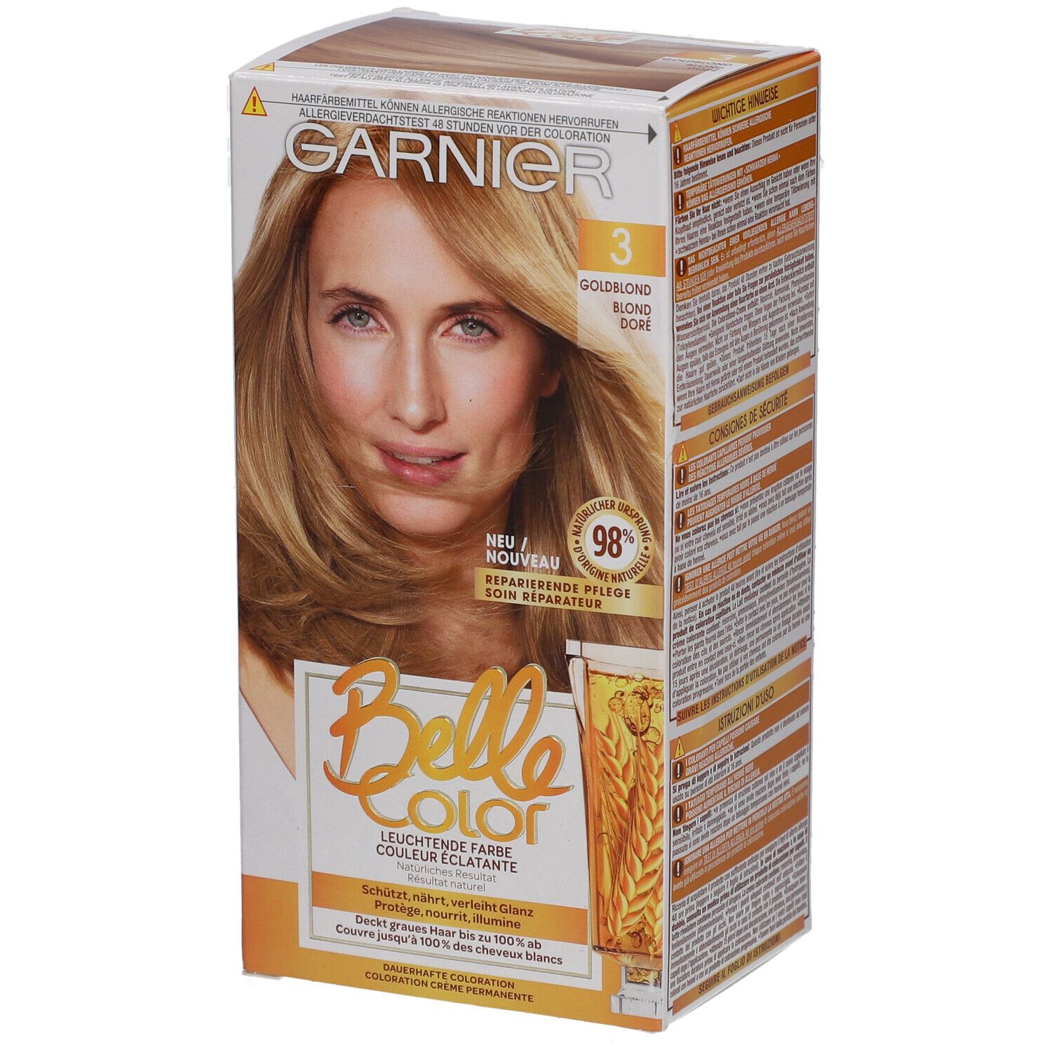 Boîte Garnier Belle Color. Femme aux cheveux blond miel. Inscription : 3 Blond doré. 98% soin réparateur.