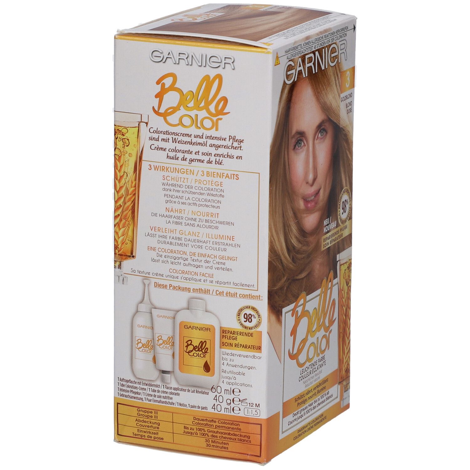 Boîte Garnier Belle Color. Arrière avec image du produit et ingrédients. Contient 3 effets et 98% soin réparateur.