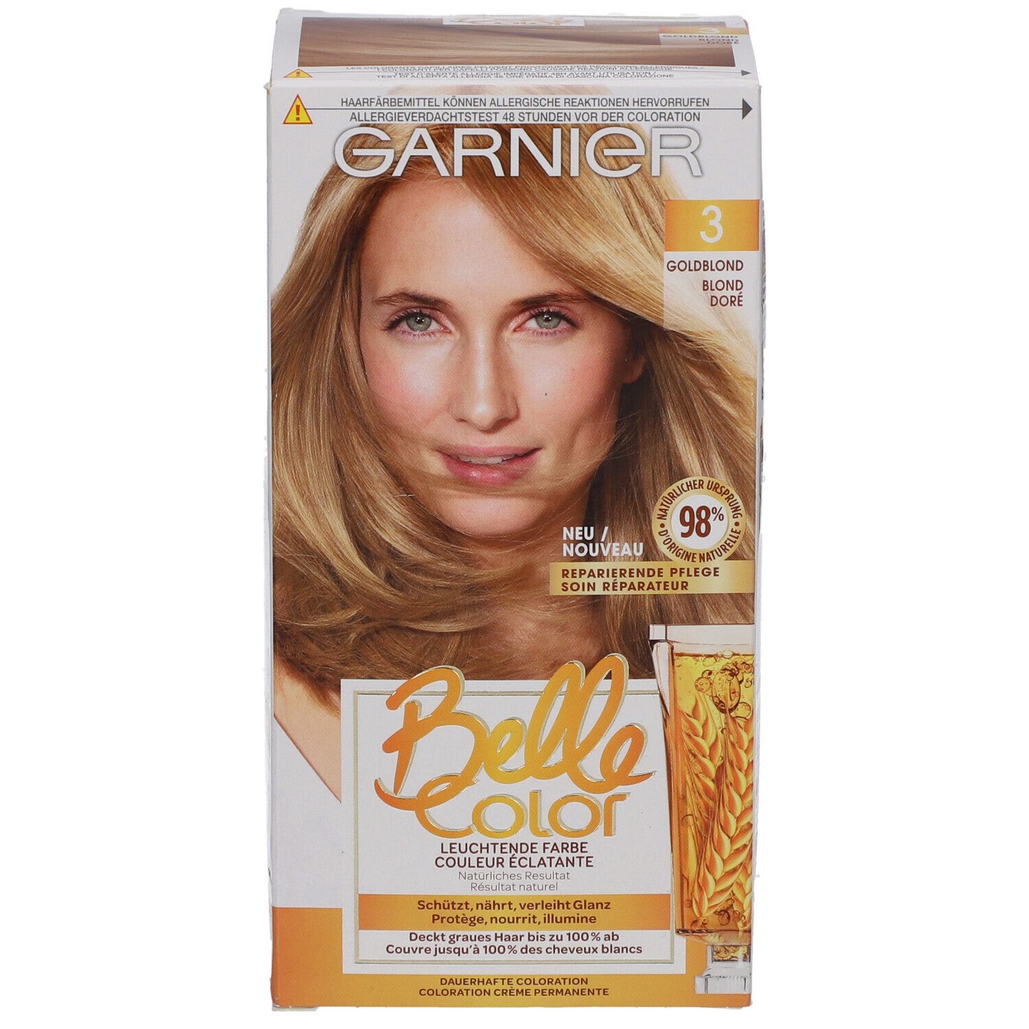 Boîte Garnier Belle Color. Avant avec femme aux cheveux blond miel. Inscription : 3 Blond doré. 98% soin réparateur.