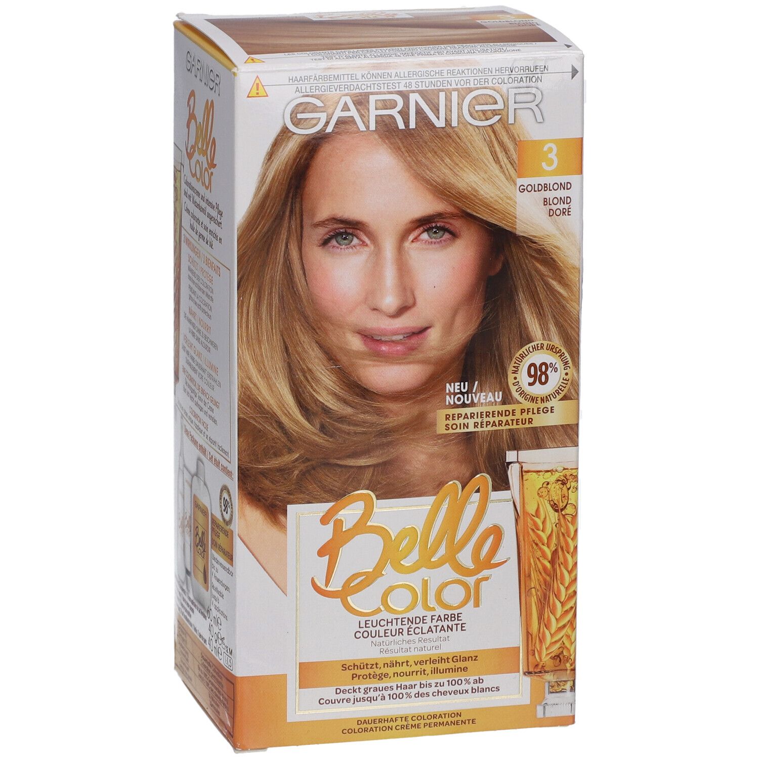 Boîte Garnier Belle Color. Avant avec femme aux cheveux blond miel. Inscription : 3 Blond doré. 98% soin réparateur.