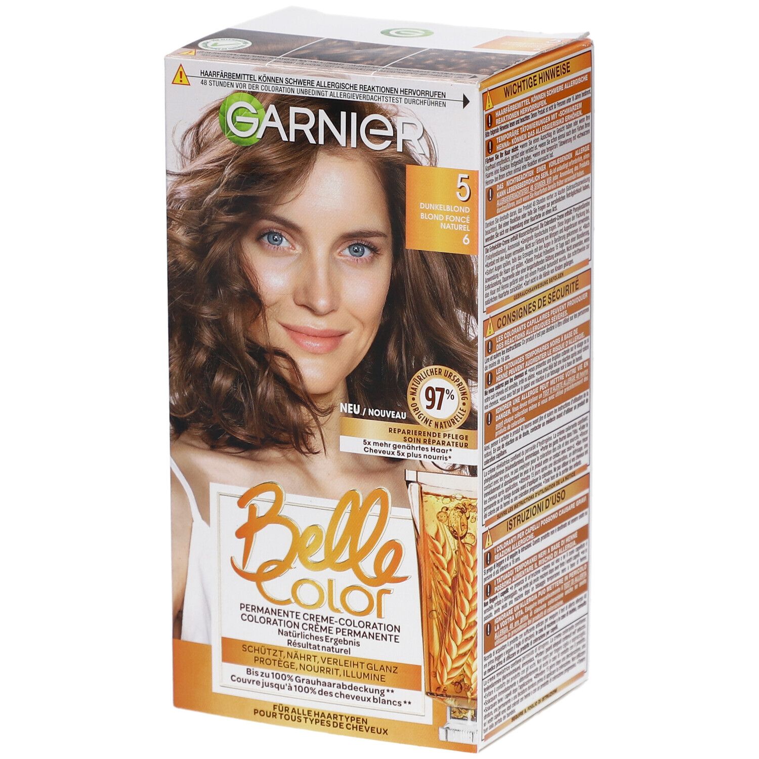 Verpackung von Garnier Belle Color, N°5 Dunkelblond. Frau mit braunen Haaren. Aufdruck: 5, Dunkelblond, 97% natürliche Inhaltsstoffe.