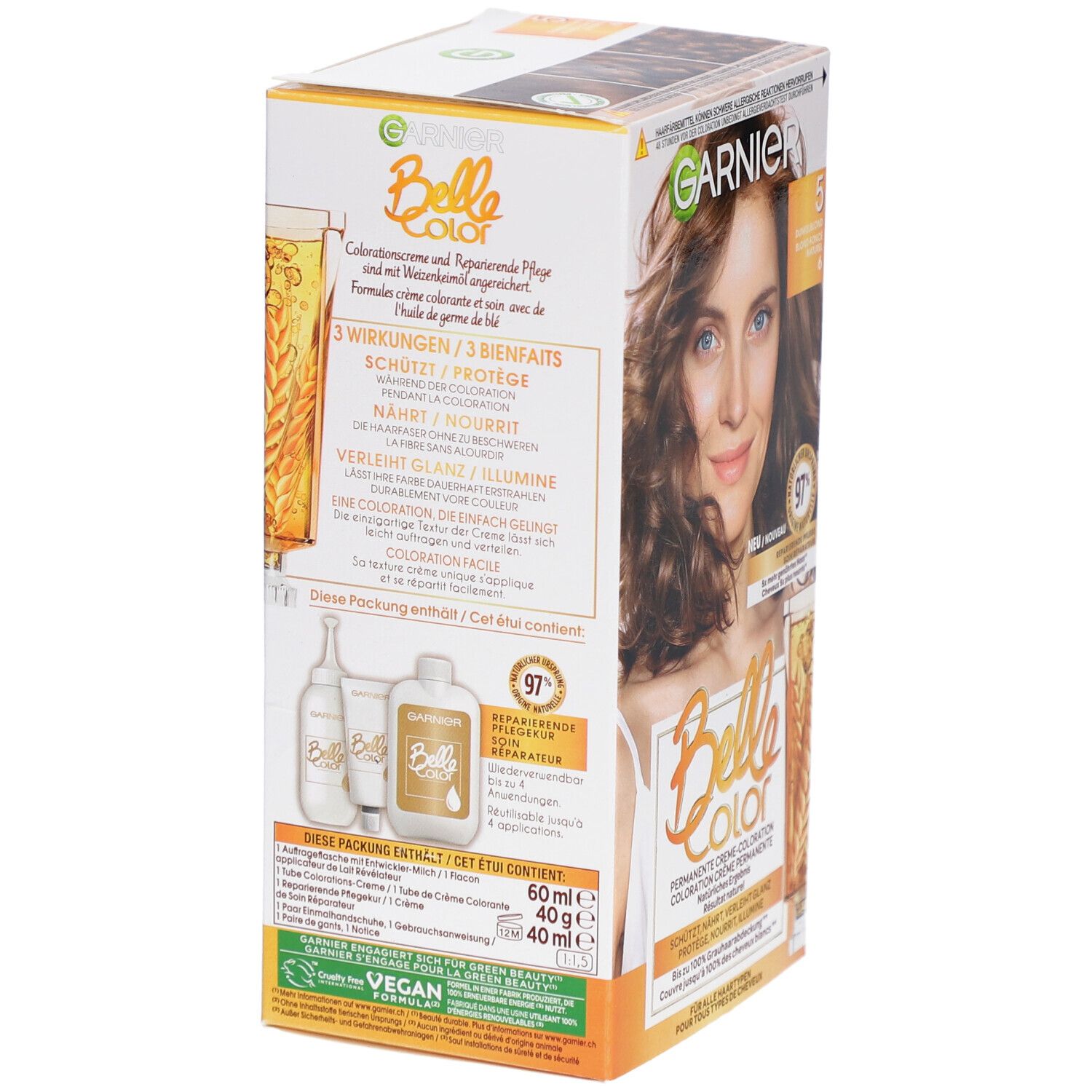 Garnier Belle Color-Verpackung, Rückseite. Enthält 60ml Creme, 40g Entwickler. Vegan-Logo. 97% reparierte Spitzen. 3 Wirkungen: Schutz, Pflege, Glanz.