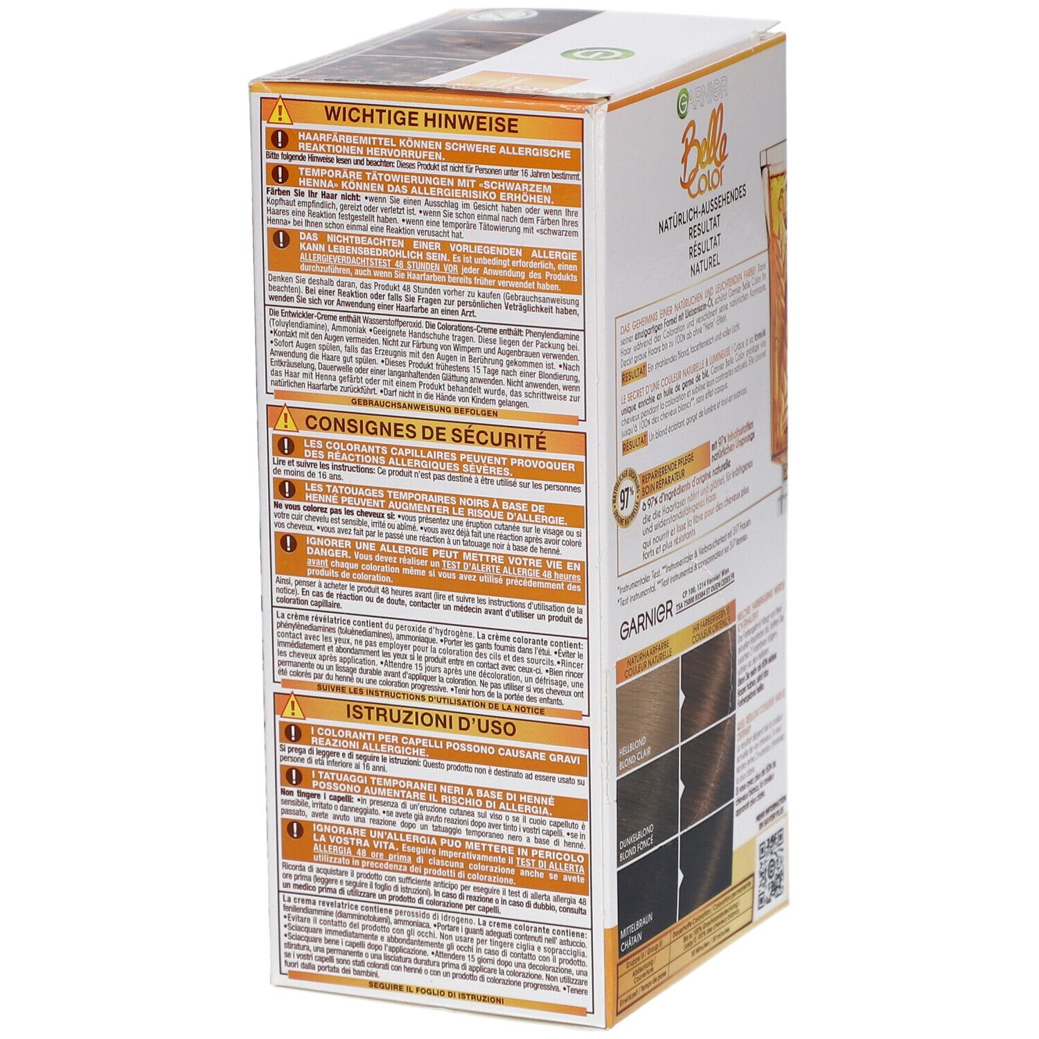 Garnier Belle Color-Verpackung, Seite. Wichtige Hinweise, Sicherheitshinweise, Gebrauchsanweisung. Farbbeispiele. 97% reparierte Spitzen.