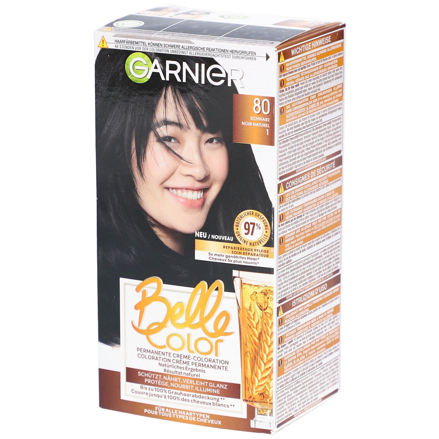 Garnier Belle Color, N°80 Naturschwarz. Karton mit Produktabbildung und Text. Enthält 97% natürliche Inhaltsstoffe.