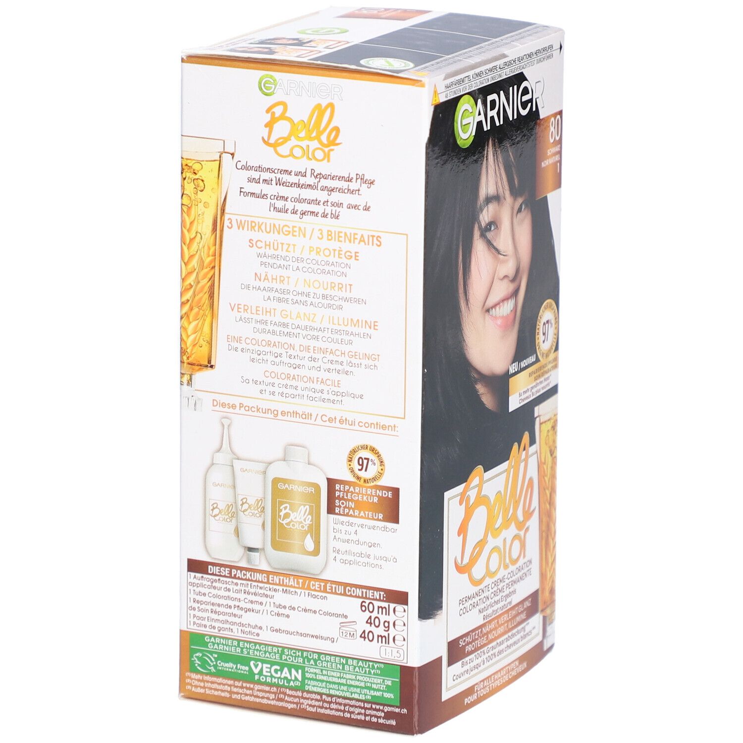 Garnier Belle Color, N°80 Naturschwarz. Verpackung mit Produktabbildung und Text. Enthält 60ml Creme und 40g Entwickler.