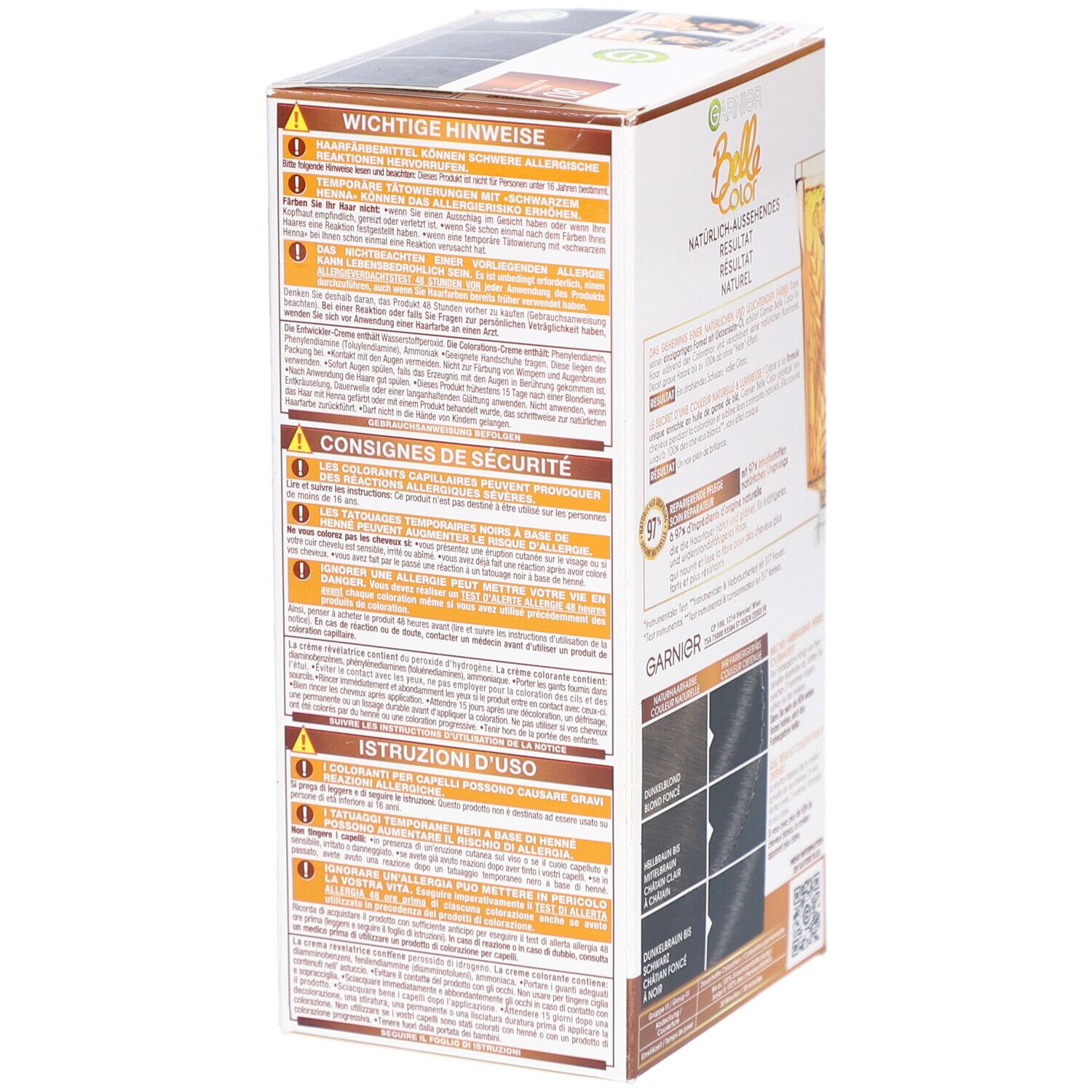 Garnier Belle Color, N°80 Naturschwarz. Verpackung mit Text und Warnhinweisen. Enthält Gebrauchsanweisungen.