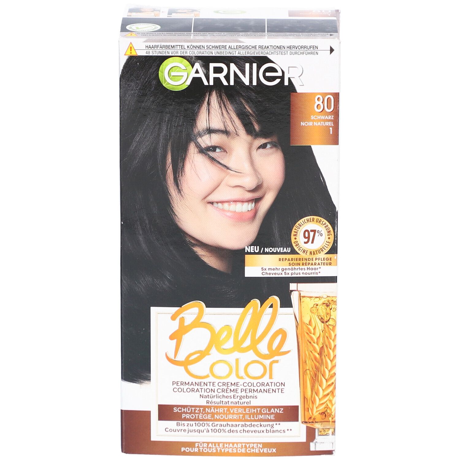 Garnier Belle Color, N°80 Naturschwarz. Karton mit Produktabbildung und Text. Enthält 97% natürliche Inhaltsstoffe.