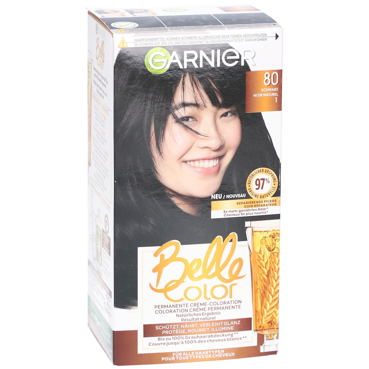 Garnier Belle Color, N°80 Naturschwarz. Karton mit Produktabbildung und Text. Enthält 97% natürliche Inhaltsstoffe.