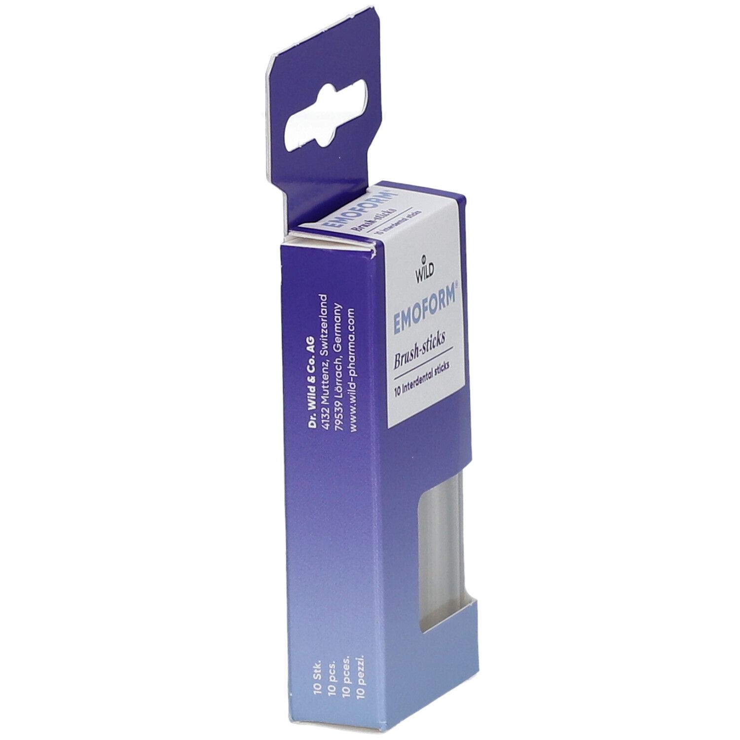 Schmale Verpackung mit EMOFORM Brush-Sticks. Blaue Schachtel mit Produktinformationen und Sichtfenster.