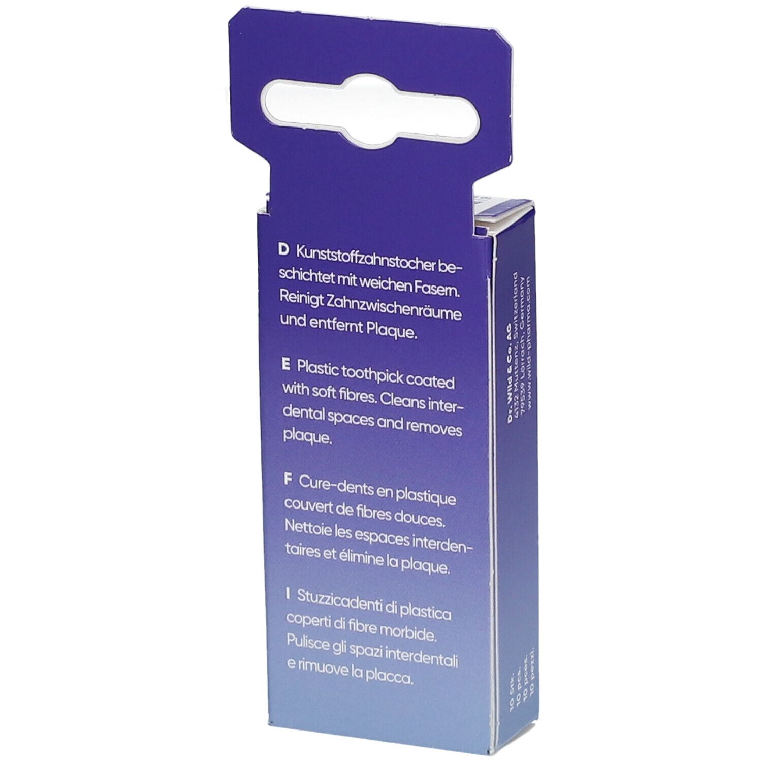 Rückseite der Verpackung mit Text in Deutsch, Englisch, Französisch und Italienisch. Schweizer Flagge.
