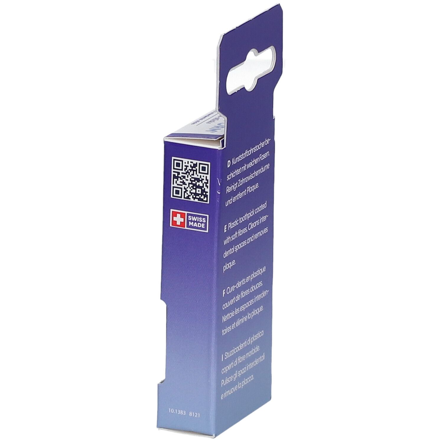 Seitenansicht der Verpackung mit Schweizer Flagge und QR-Code. Blaue und weiße Farbgebung.