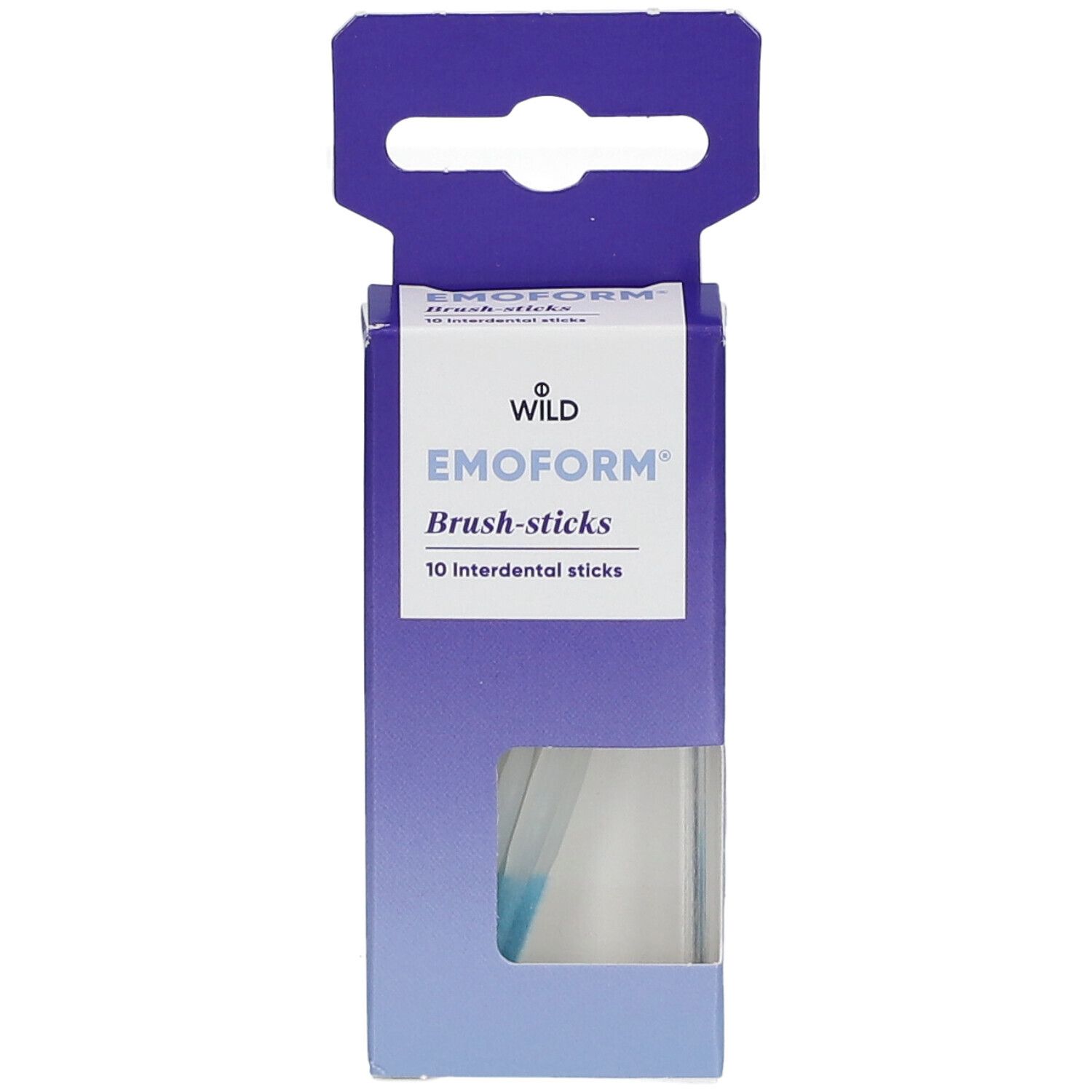 Verpackung mit EMOFORM Brush-Sticks. Blaue und weiße Schachtel mit Produktnamen und Sichtfenster.