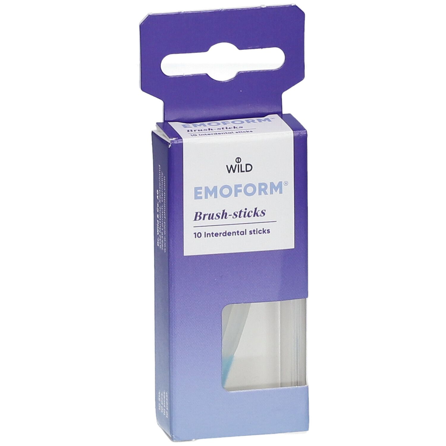 Verpackung mit EMOFORM Brush-Sticks. Blaue und weiße Schachtel mit Produktnamen und 10 Interdental-Sticks.