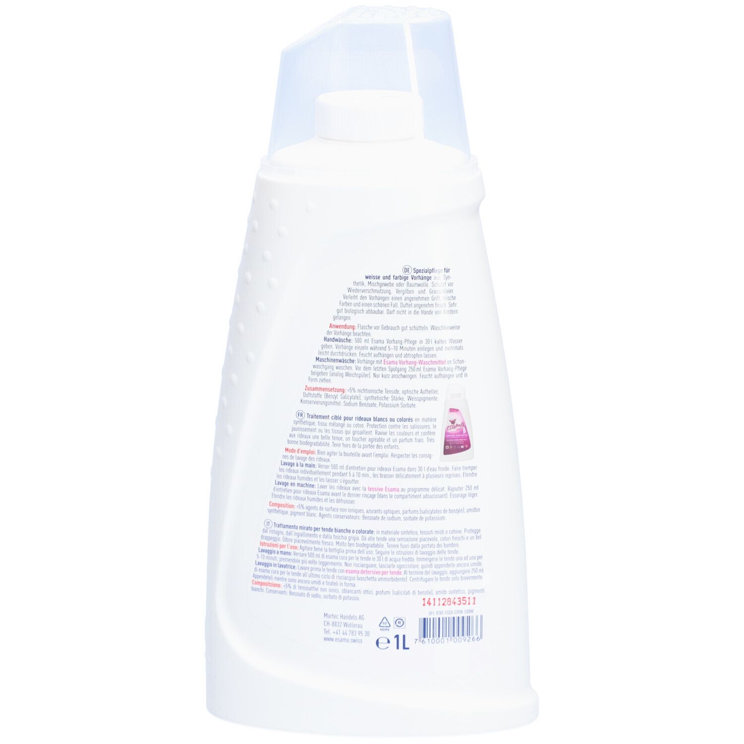 Rückseite der weißen Flasche. Text und Barcode. Kleines Bild der Flasche.