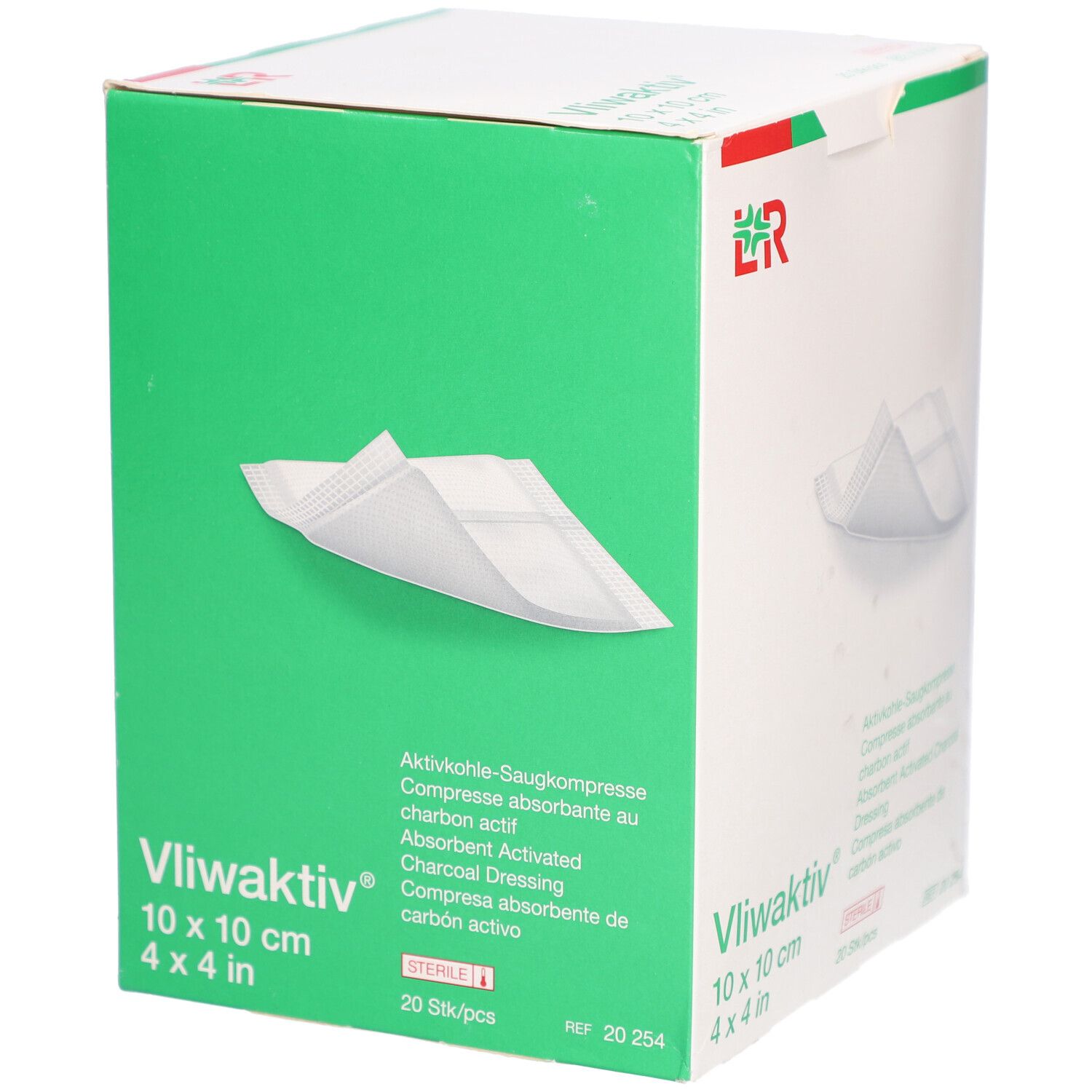 Boîte verte de compresses Vliwaktiv® 10 x 10 cm. Inscriptions: Compresse absorbante au charbon actif, stérile, 20 pièces.