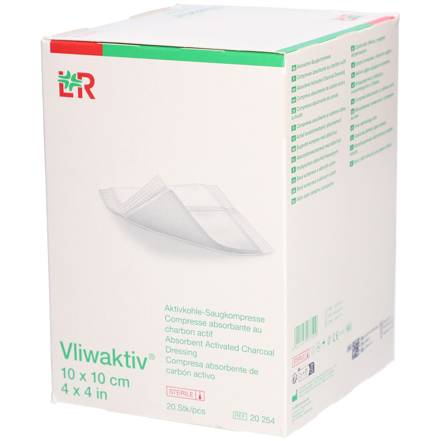 Boîte de compresses Vliwaktiv® 10 x 10 cm. Inscriptions: Compresse absorbante au charbon actif, stérile, 20 pièces.