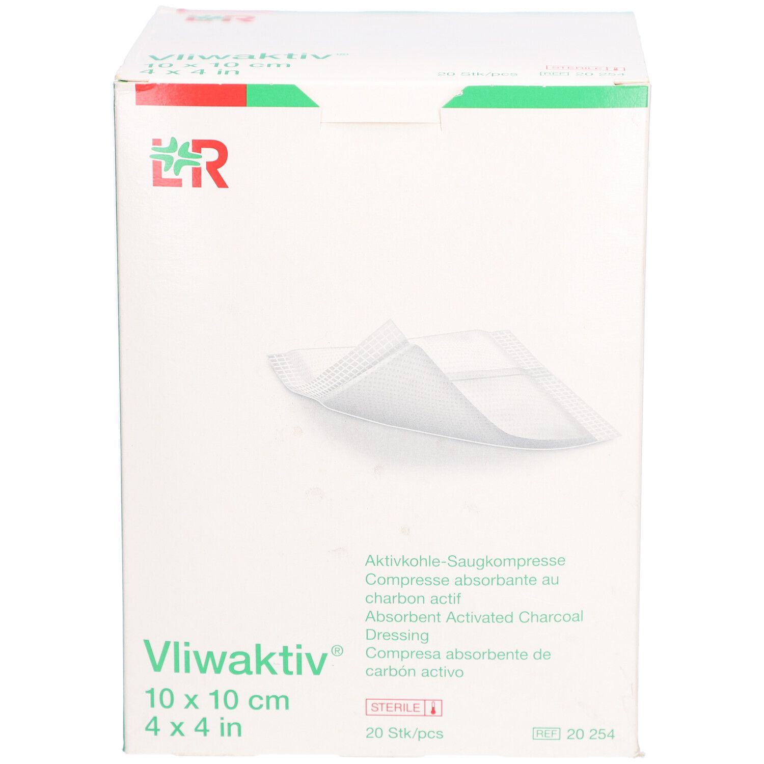 Boîte de compresses Vliwaktiv® 10 x 10 cm. Inscriptions: Compresse absorbante au charbon actif, stérile, 20 pièces.