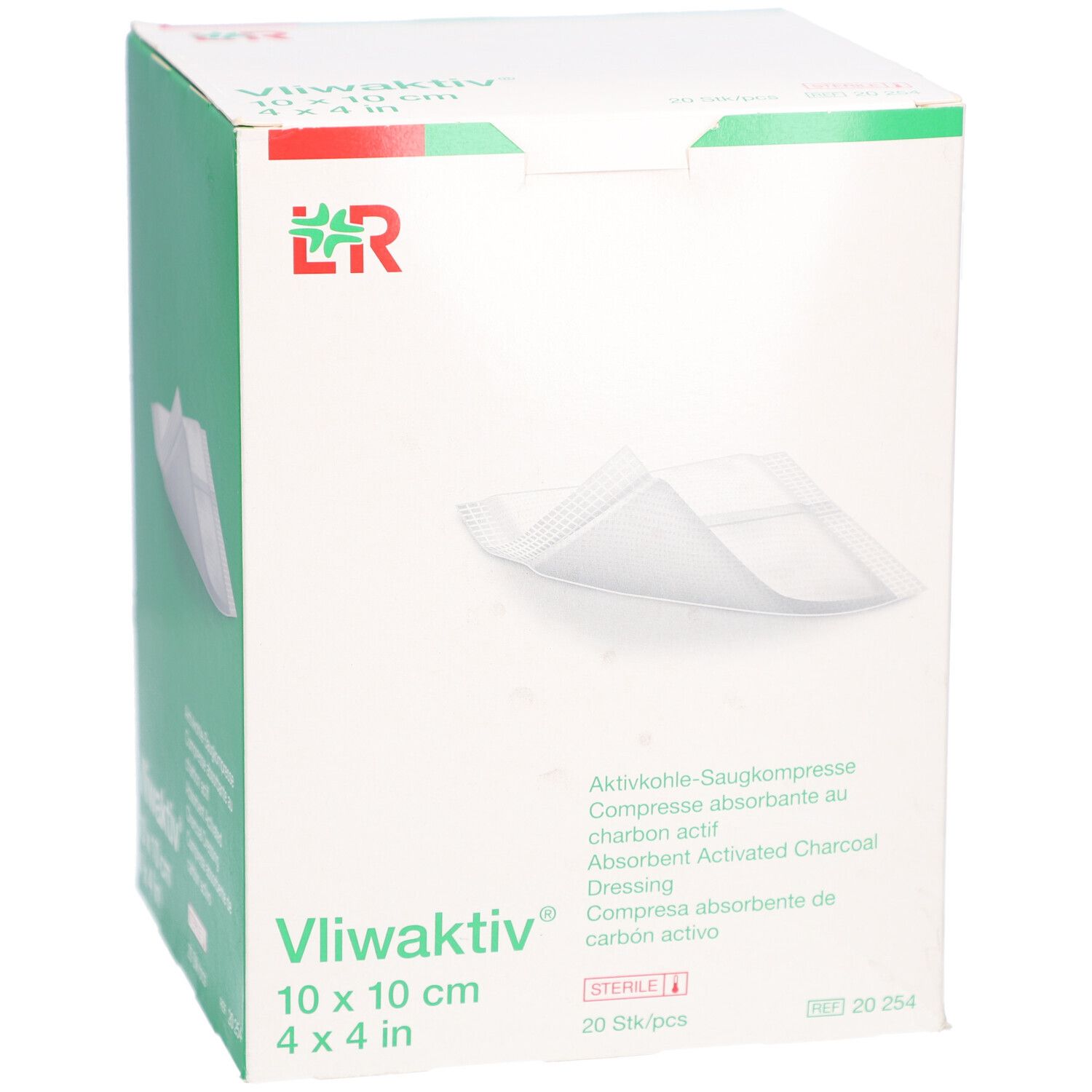 Boîte de compresses Vliwaktiv® 10 x 10 cm. Inscriptions: Compresse absorbante au charbon actif, stérile, 20 pièces.