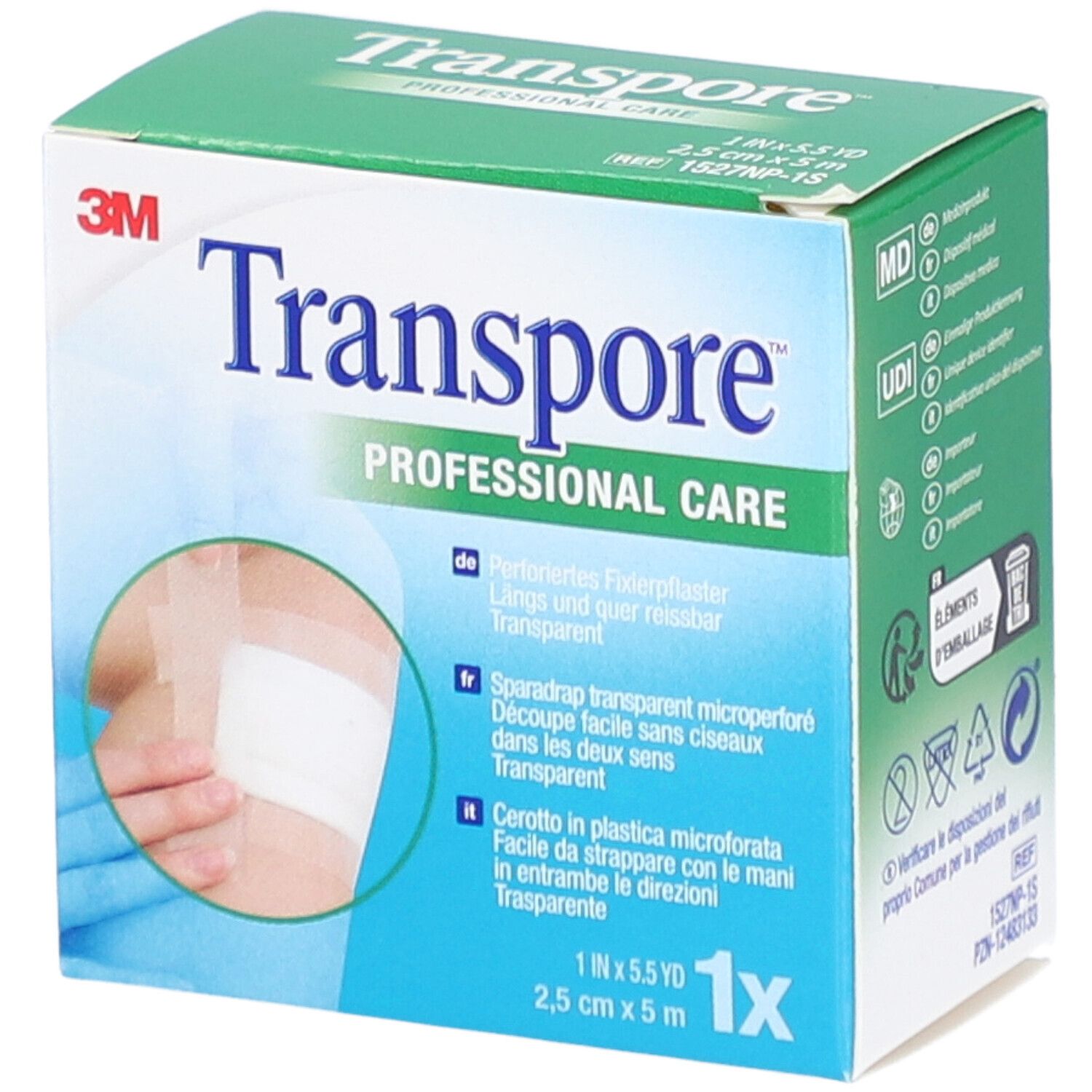 Schachtel mit transparentem Mikroperforiertem Heftpflaster. 2,5 cm x 5 m. Aufschrift: Transpore, 3M.